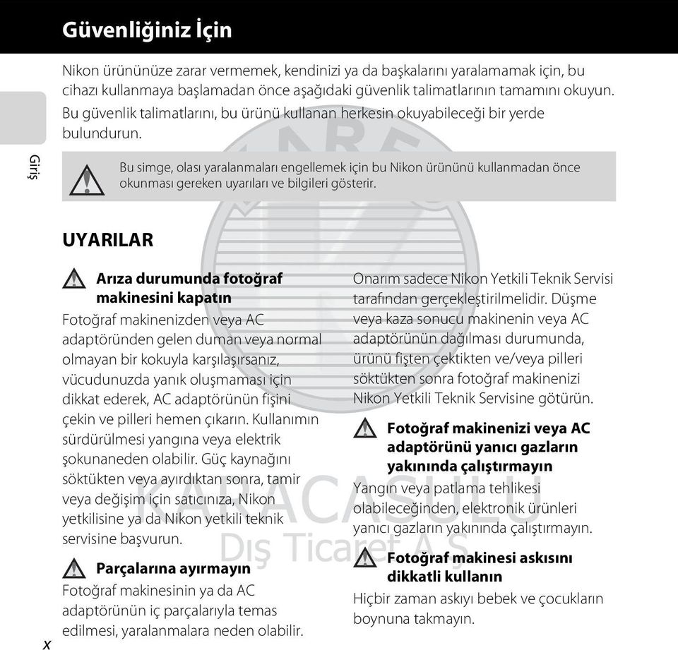 Giriş Bu simge, olası yaralanmaları engellemek için bu Nikon ürününü kullanmadan önce okunması gereken uyarıları ve bilgileri gösterir.