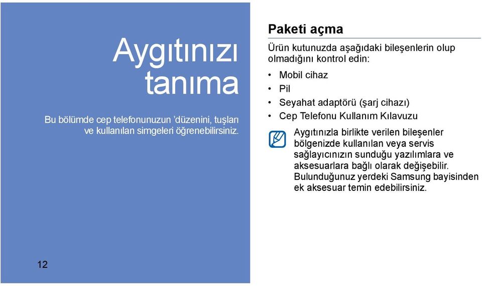 cihazı) Cep Telefonu Kullanım Kılavuzu Aygıtınızla birlikte verilen bileşenler bölgenizde kullanılan veya servis