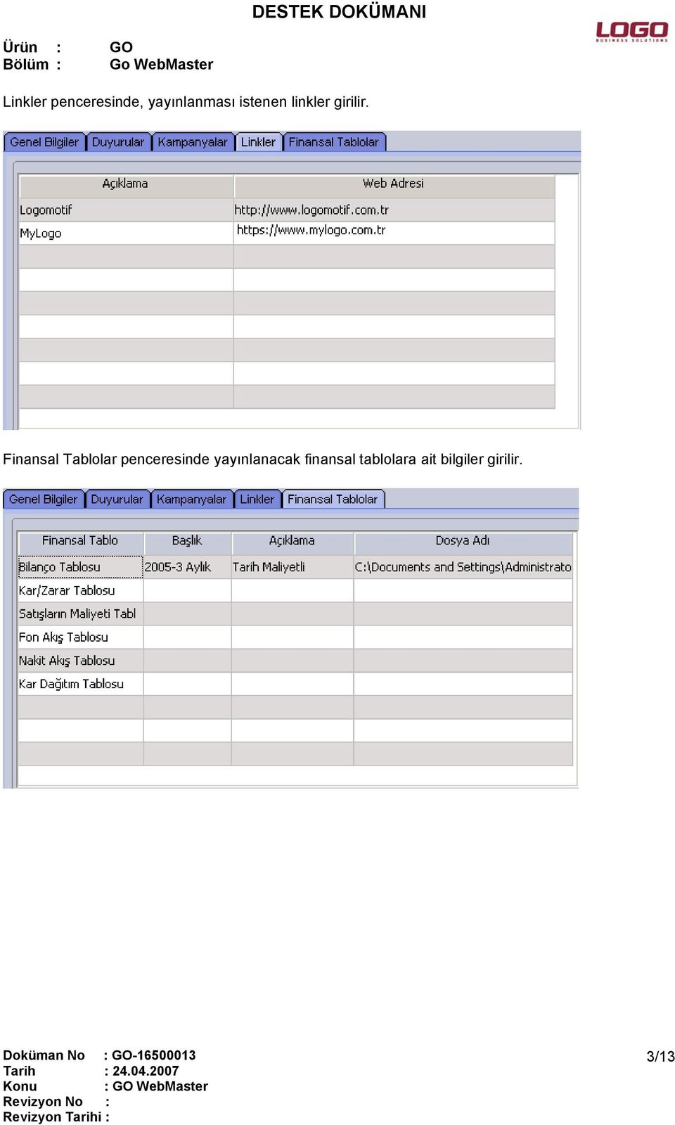 Finansal Tablolar penceresinde