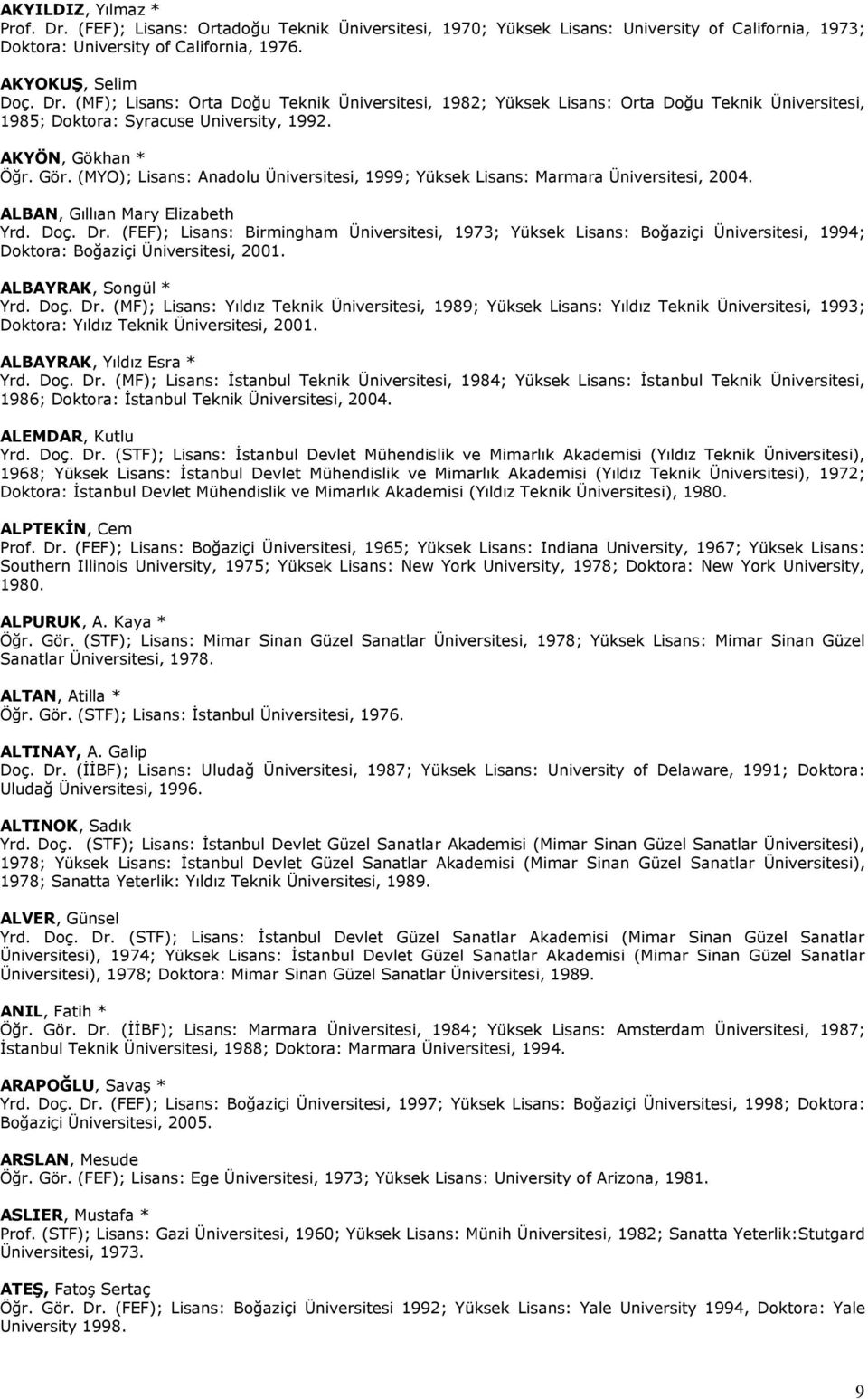 (FEF); Lisans: Birmingham Üniversitesi, 1973; Yüksek Lisans: Boğaziçi Üniversitesi, 1994; Doktora: Boğaziçi Üniversitesi, 2001. ALBAYRAK, Songül * Yrd. Doç. Dr.
