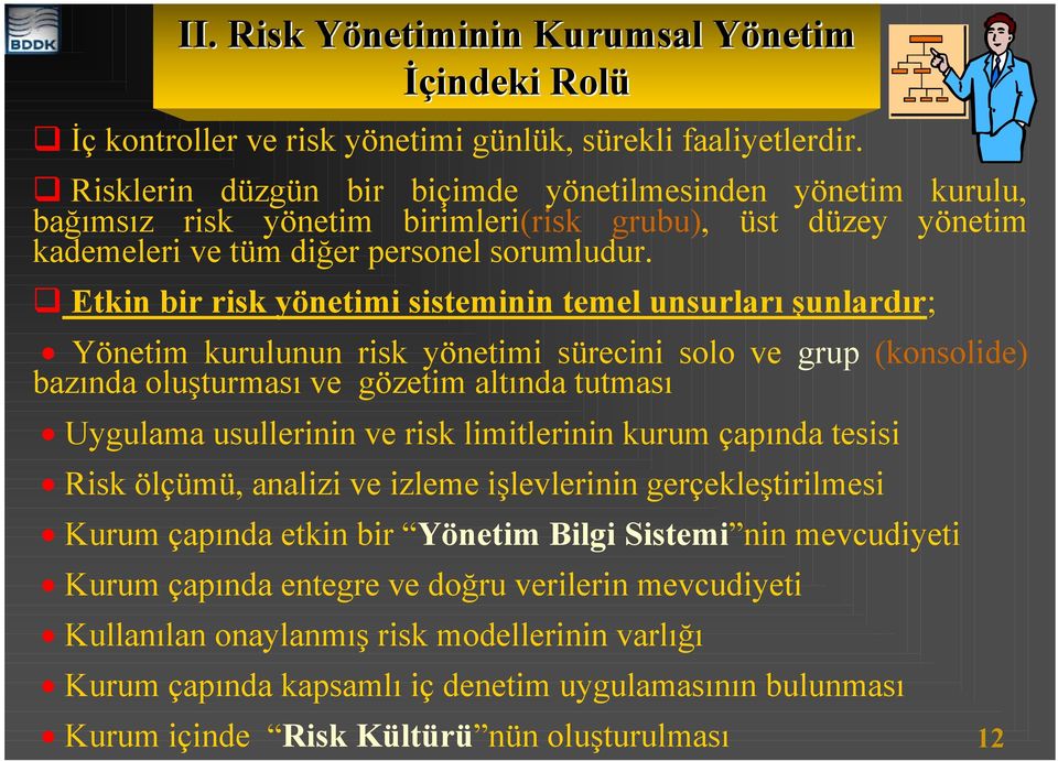 Etkin bir risk yönetimi sisteminin temel unsurları şunlardır; Yönetim kurulunun risk yönetimi sürecini solo ve grup (konsolide) bazında oluşturması ve gözetim altında tutması Uygulama usullerinin ve