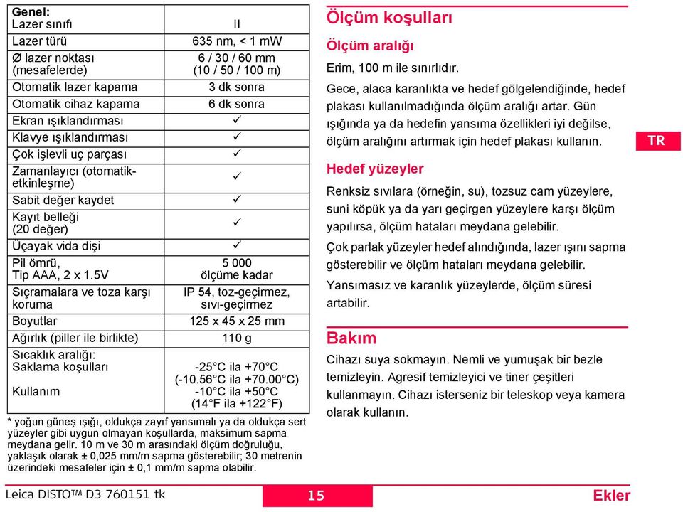 5V ıçramalara ve toza karşı koruma Boyutlar Ağırlık (piller ile birlikte) ıcaklık aralığı: aklama koşulları Kullanım II 635 nm, < 1 mw 6 / 30 / 60 mm (10 / 50 / 100 m) 3 dk sonra 6 dk sonra * yoğun