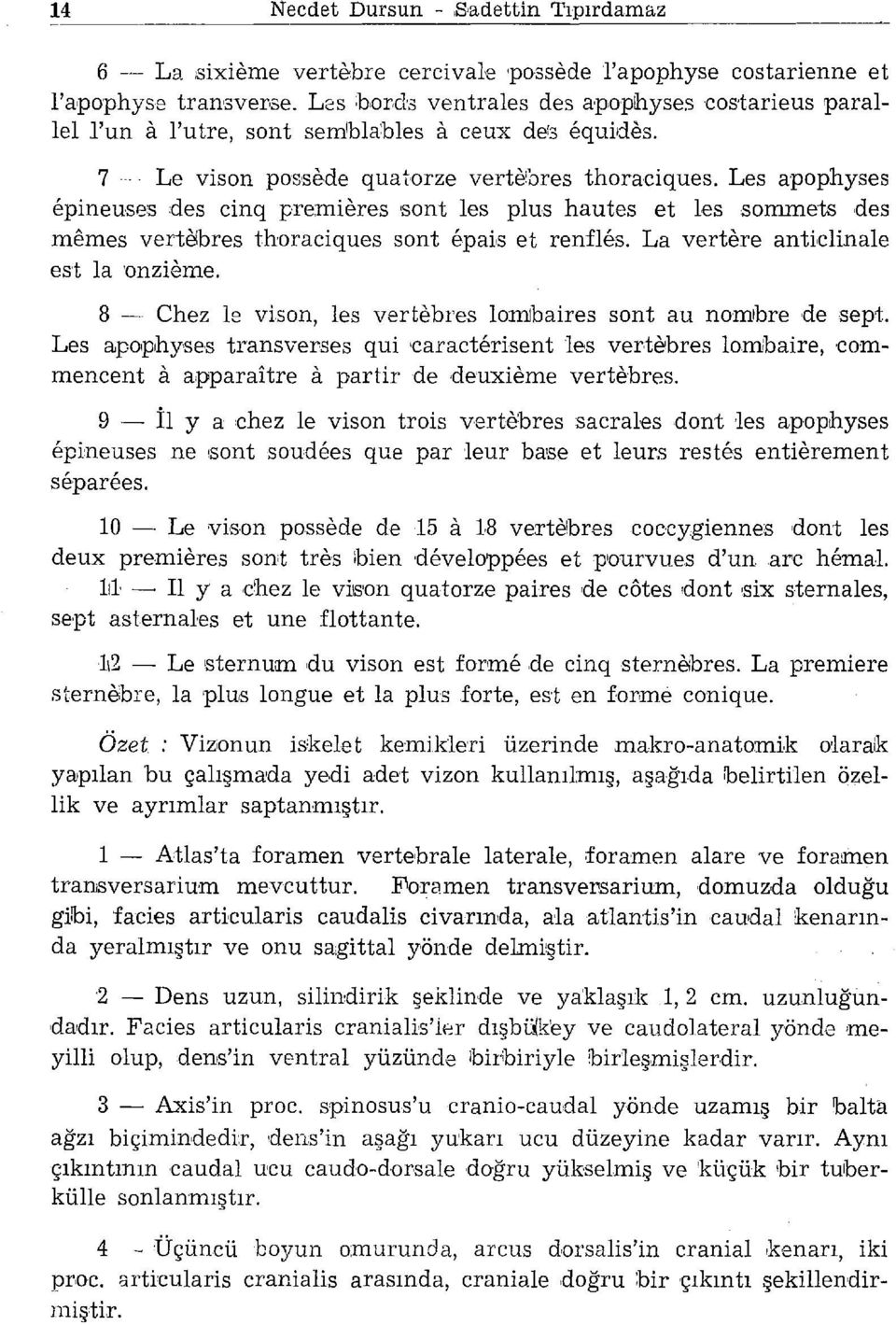 Les apophyses epineuse:s des cinq premieres sont les plus hautes et les sommets des memes vertebres thoraciques sont epai.s et renfü~s. La vertere antidinale est la onzieme.