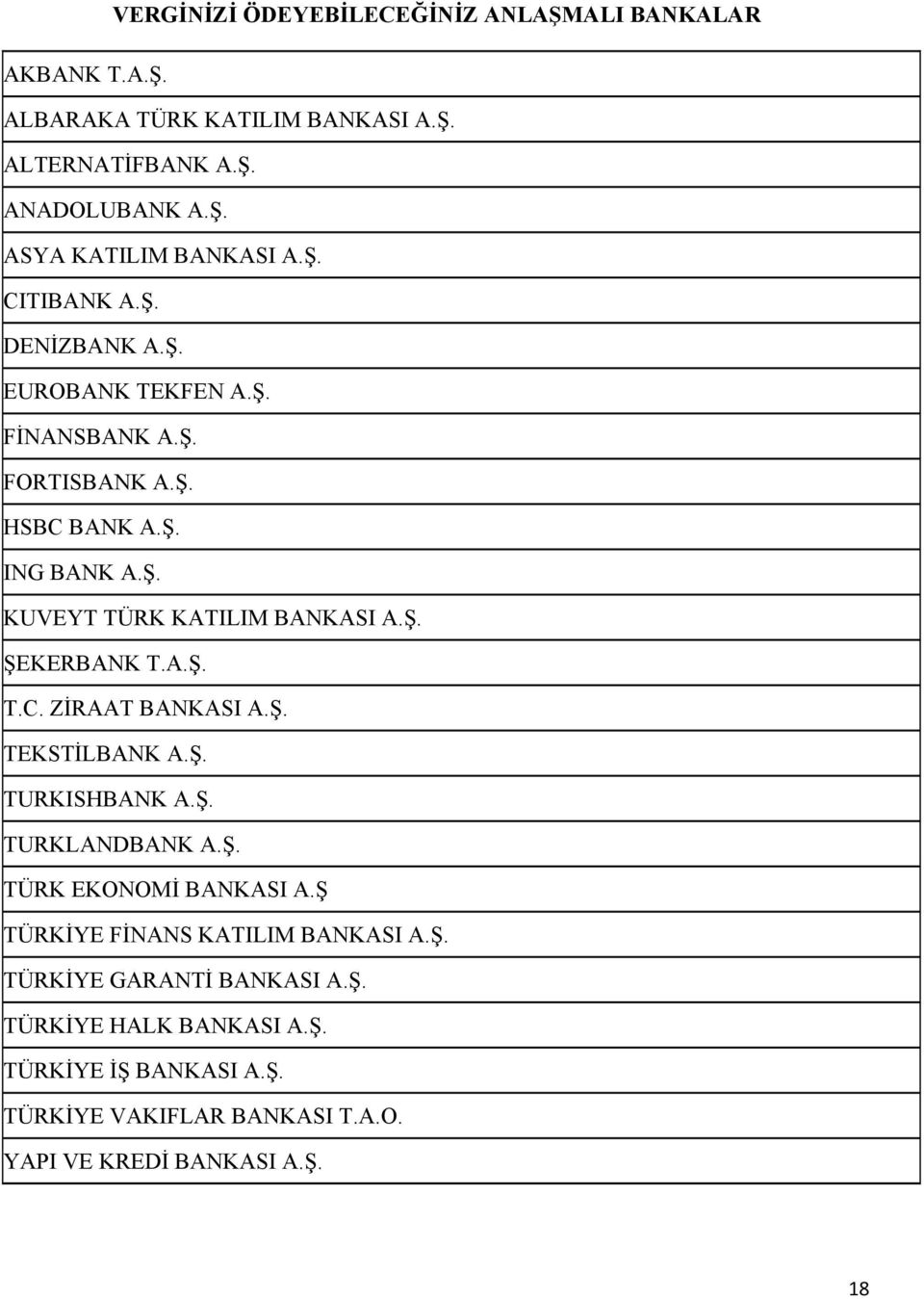 A.Ş. T.C. ZİRAAT BANKASI A.Ş. TEKSTİLBANK A.Ş. TURKISHBANK A.Ş. TURKLANDBANK A.Ş. TÜRK EKONOMİ BANKASI A.Ş TÜRKİYE FİNANS KATILIM BANKASI A.Ş. TÜRKİYE GARANTİ BANKASI A.