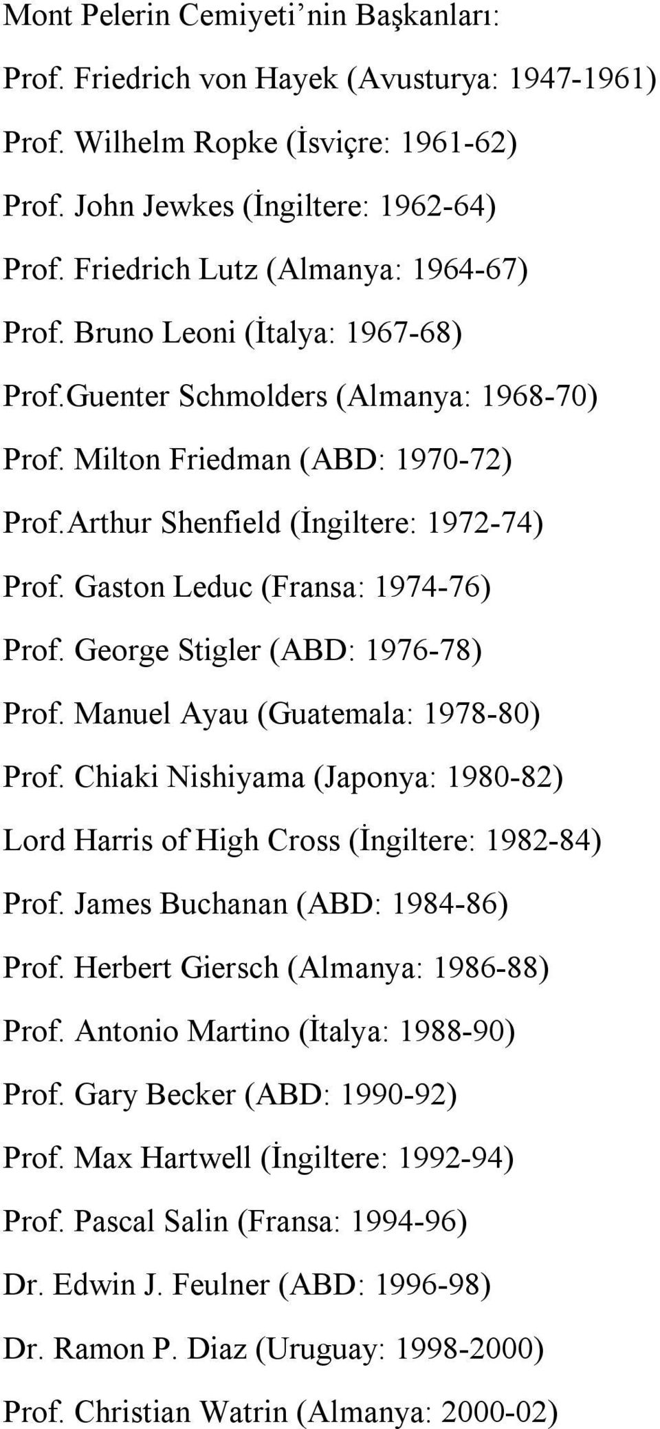 Gaston Leduc (Fransa: 1974-76) Prof. George Stigler (ABD: 1976-78) Prof. Manuel Ayau (Guatemala: 1978-80) Prof. Chiaki Nishiyama (Japonya: 1980-82) Lord Harris of High Cross (İngiltere: 1982-84) Prof.