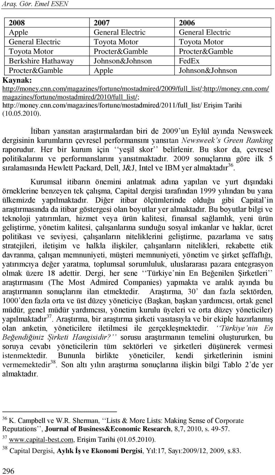 Procter&Gamble Apple Johnson&Johnson Kaynak: http://money.cnn.com/magazines/fortune/mostadmired/2009/full_list/;http://money.cnn.com/ magazines/fortune/mostadmired/2010/full_list/; http://money.cnn.com/magazines/fortune/mostadmired/2011/full_list/ EriĢim Tarihi (10.