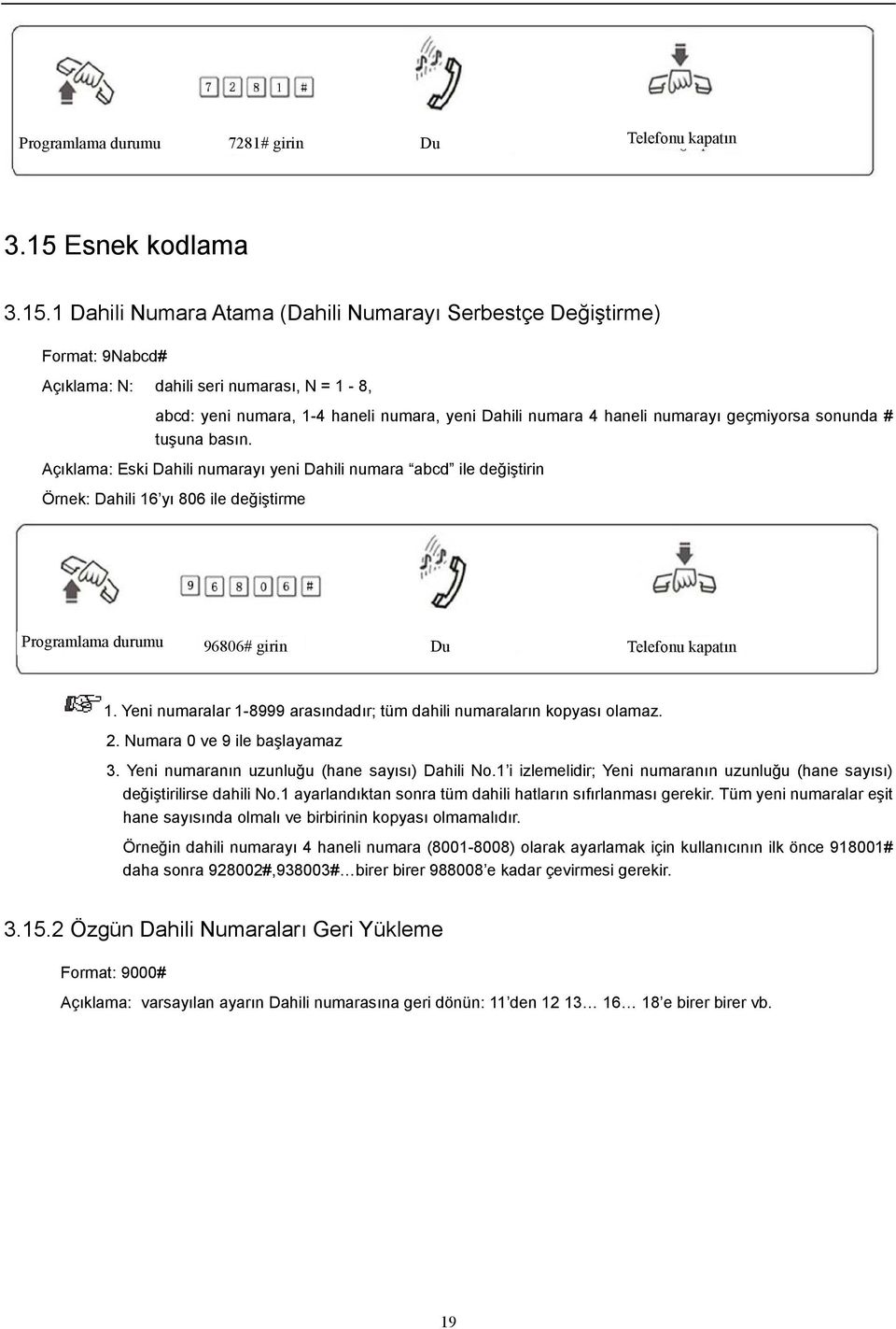 1 Dahili Numara Atama (Dahili Numarayı Serbestçe Değiştirme) Format: 9Nabcd# Açıklama: N: dahili seri numarası, N = 1-8, abcd: yeni numara, 1-4 haneli numara, yeni Dahili numara 4 haneli numarayı