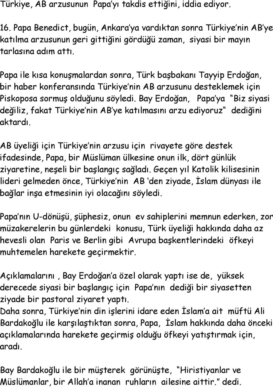 Papa ile kısa konuşmalardan sonra, Türk başbakanı Tayyip Erdoğan, bir haber konferansında Türkiye nin AB arzusunu desteklemek için Piskoposa sormuş olduğunu söyledi.