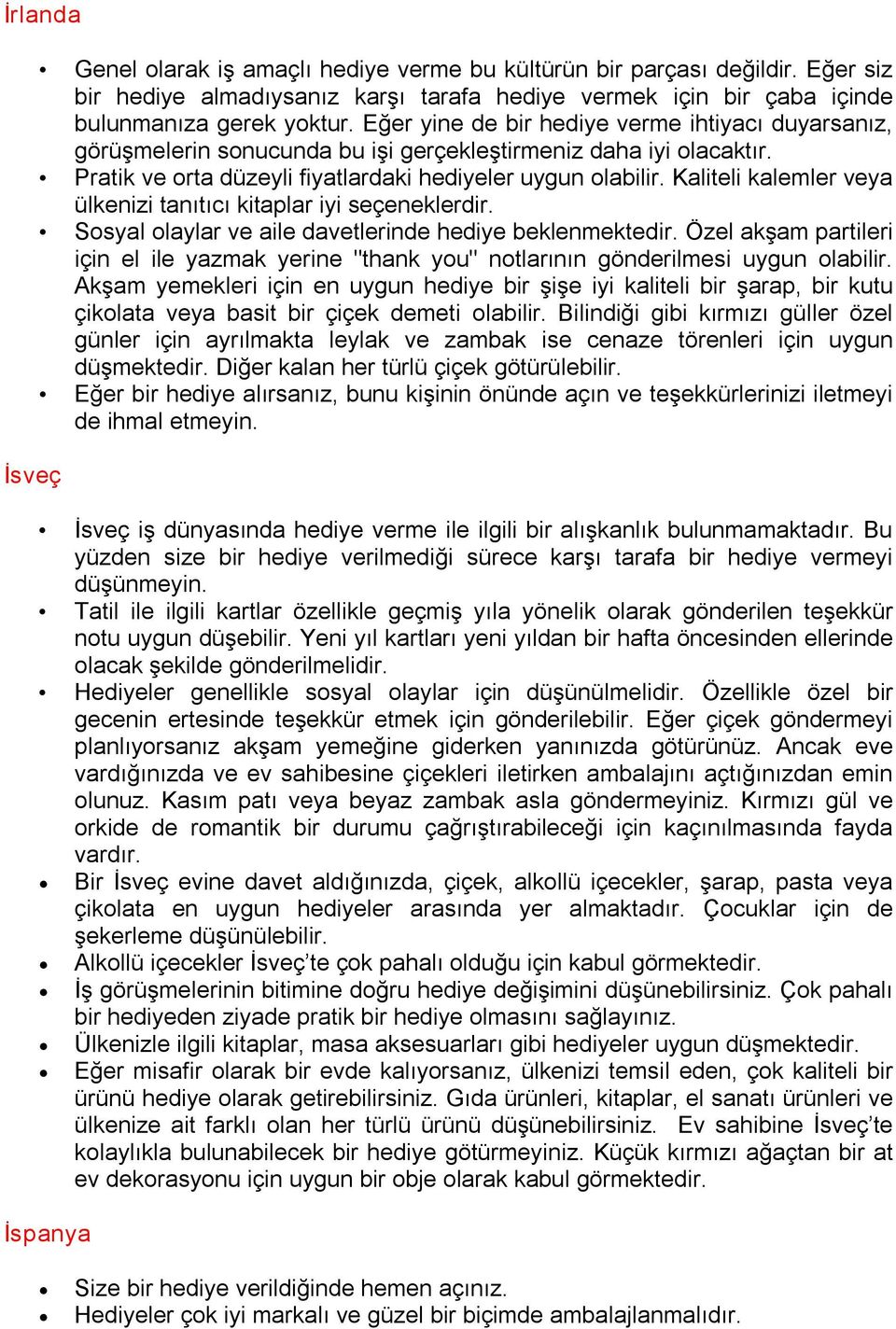 Kaliteli kalemler veya ülkenizi tanıtıcı kitaplar iyi seçeneklerdir. Sosyal olaylar ve aile davetlerinde hediye beklenmektedir.