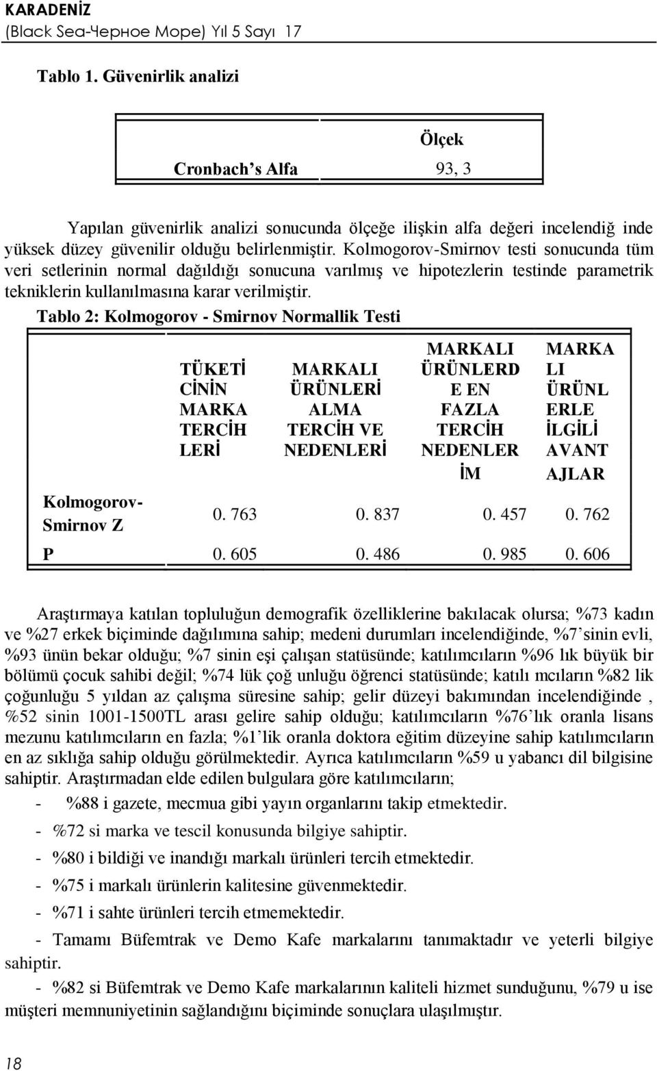 Tablo 2: Kolmogorov - Smirnov Normallik Testi Kolmogorov- Smirnov Z MARKALI MARKA TÜKETİ MARKALI ÜRÜNLERD LI CİNİN ÜRÜNLERİ E EN ÜRÜNL MARKA ALMA FAZLA ERLE TERCİH TERCİH VE TERCİH İLGİLİ LERİ