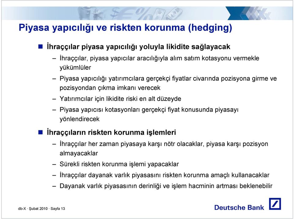 gerçekçi fiyat konusunda piyasayı yönlendirecek İhraççıların riskten korunma işlemleri İhraççılar her zaman piyasaya karşı nötr olacaklar, piyasa karşı pozisyon almayacaklar Sürekli riskten