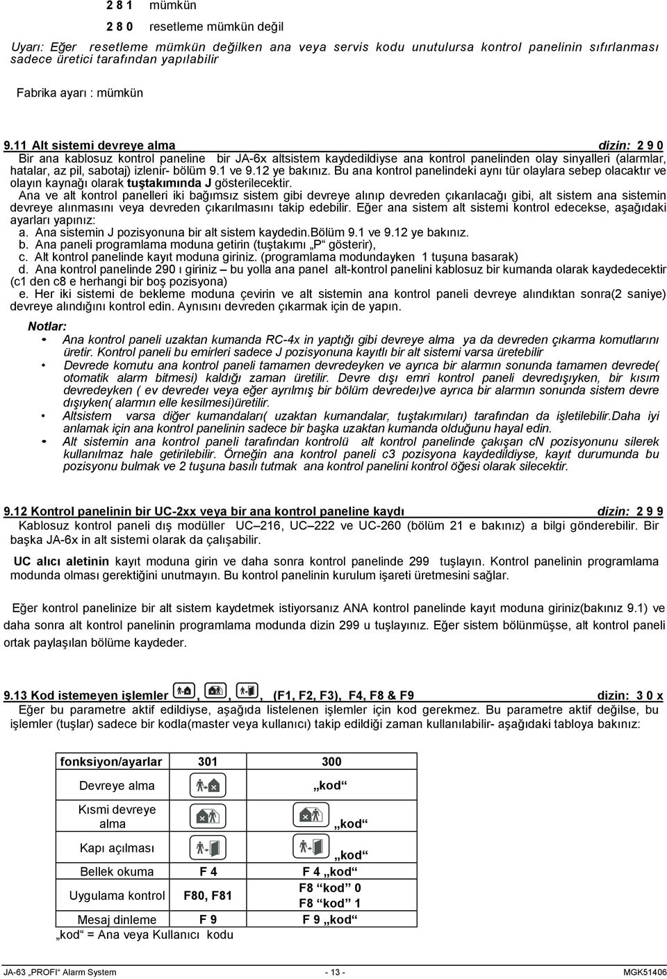 11 Alt sistemi devreye alma dizin: 2 9 0 Bir ana kablosuz kontrol paneline bir JA-6x altsistem kaydedildiyse ana kontrol panelinden olay sinyalleri (alarmlar, hatalar, az pil, sabotaj) izlenir- bölüm