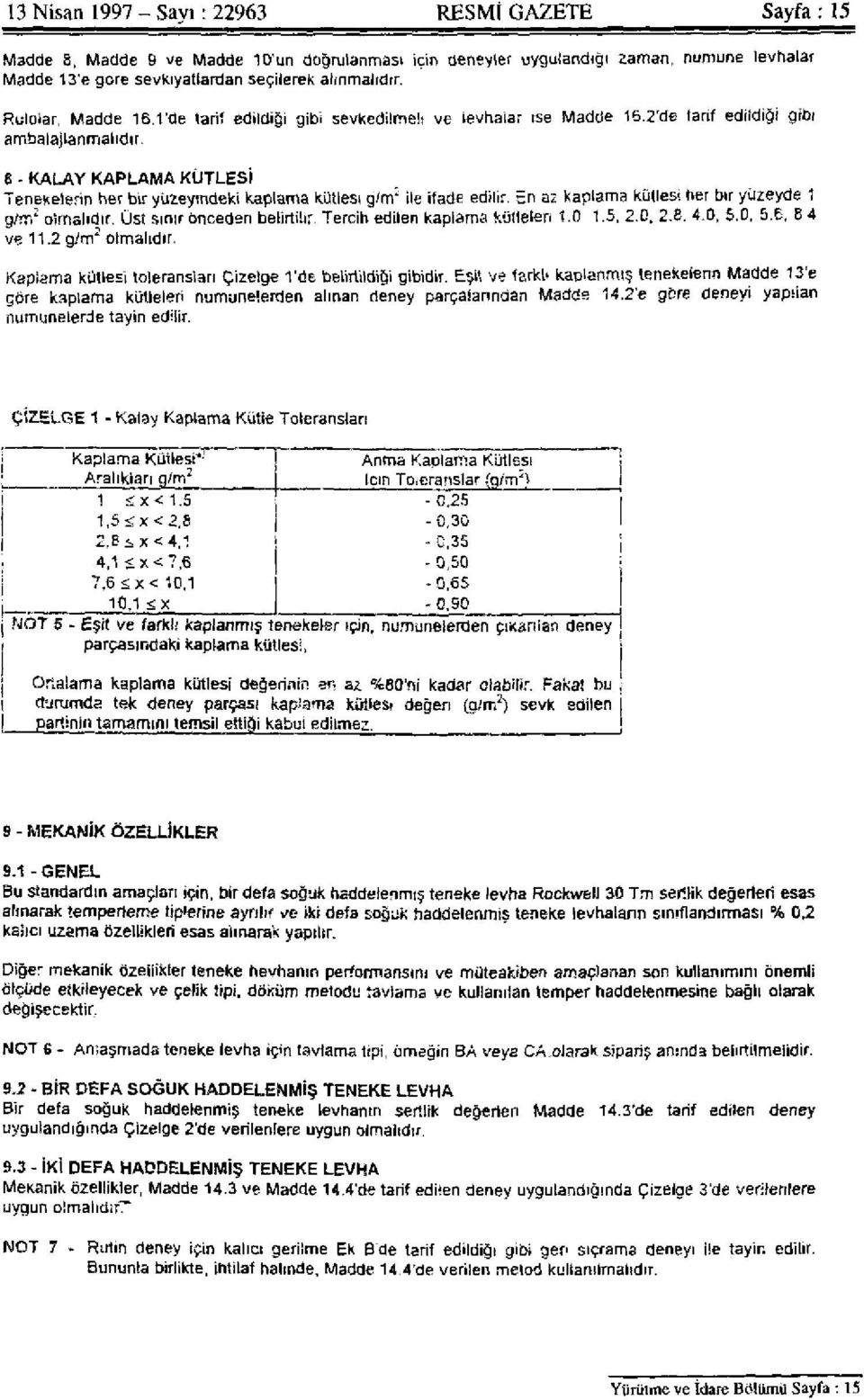 8 - KALAY KAPLAMA KÜTLESİ Tenekelerin her bir yüzeyindeki kaplama kütlesi g/m 2 ile ifade edilir. En az kaplama kütlesi her bir yüzeyde 1 g/m 2 olmalıdır. Üst sınır önceden belirtilir.