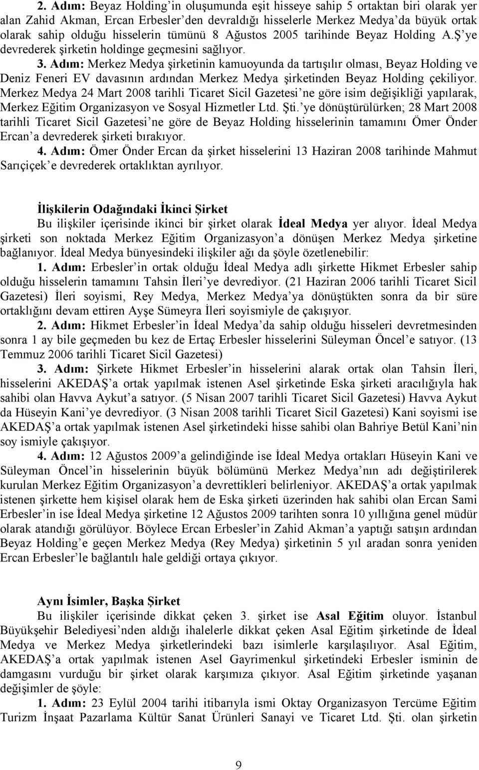 Adım: Merkez Medya şirketinin kamuoyunda da tartışılır olması, Beyaz Holding ve Deniz Feneri EV davasının ardından Merkez Medya şirketinden Beyaz Holding çekiliyor.