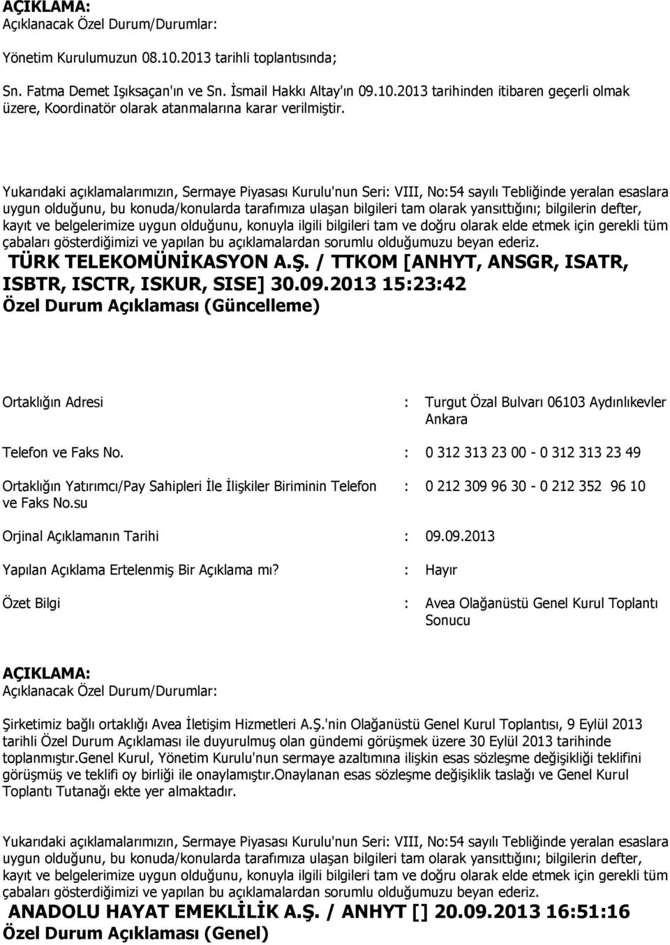 2013 15:23:42 Özel Durum Açıklaması (Güncelleme) Ortaklığın Adresi : Turgut Özal Bulvarı 06103 Aydınlıkevler Ankara Telefon ve Faks No.