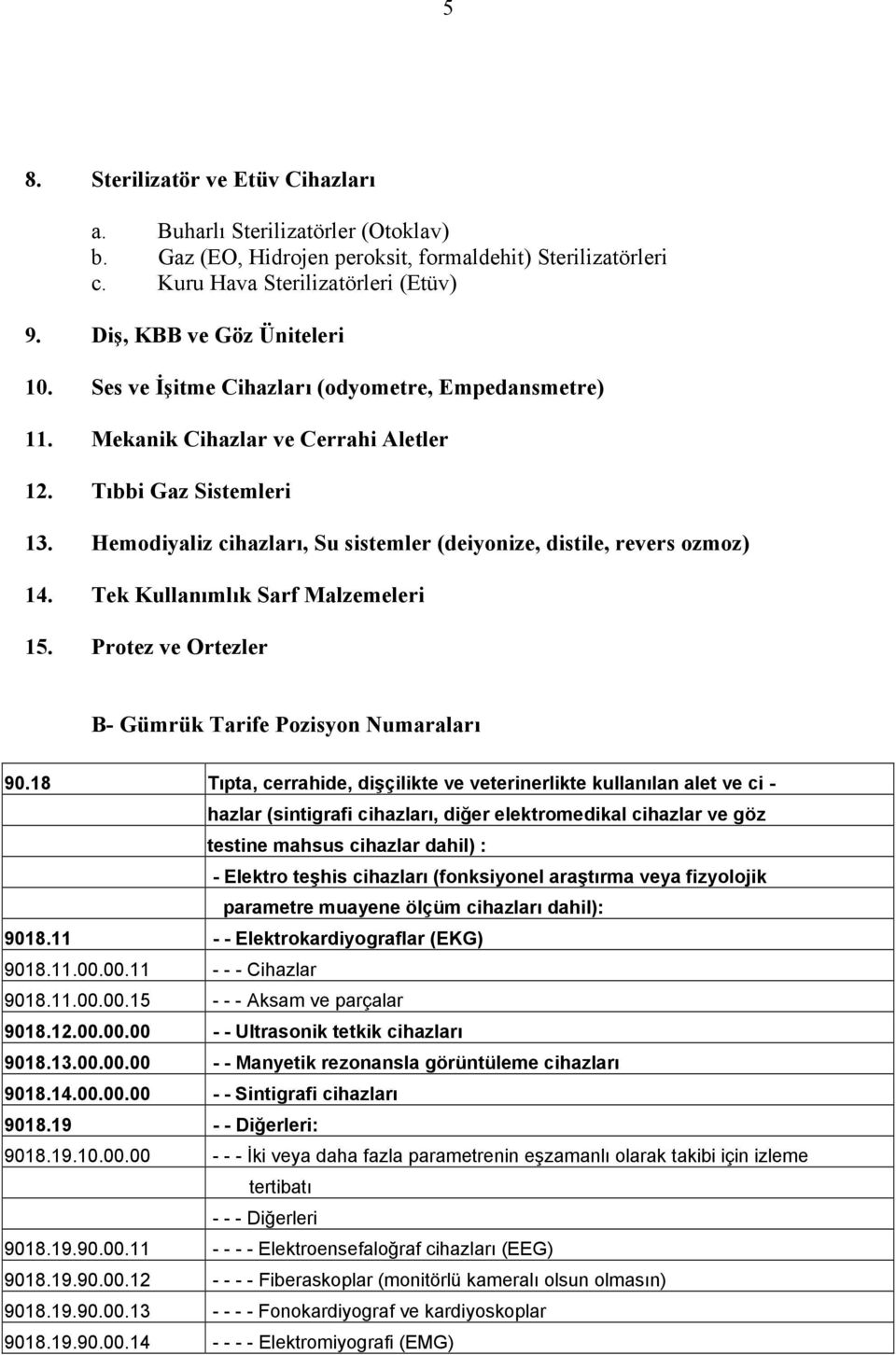 Hemodiyaliz cihazları, Su sistemler (deiyonize, distile, revers ozmoz) 14. Tek Kullanımlık Sarf Malzemeleri 15. Protez ve Ortezler B- Gümrük Tarife Pozisyon Numaraları 90.