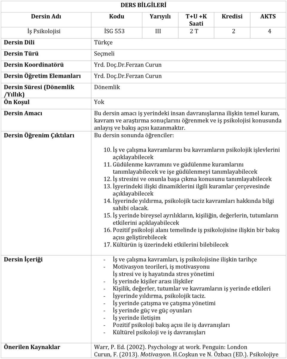 Ferzan Curun Dönemlik Yok Bu dersin amacı iş yerindeki insan davranışlarına ilişkin temel kuram, kavram ve araştırma sonuçlarını öğrenmek ve iş psikolojisi konusunda anlayış ve bakış açısı