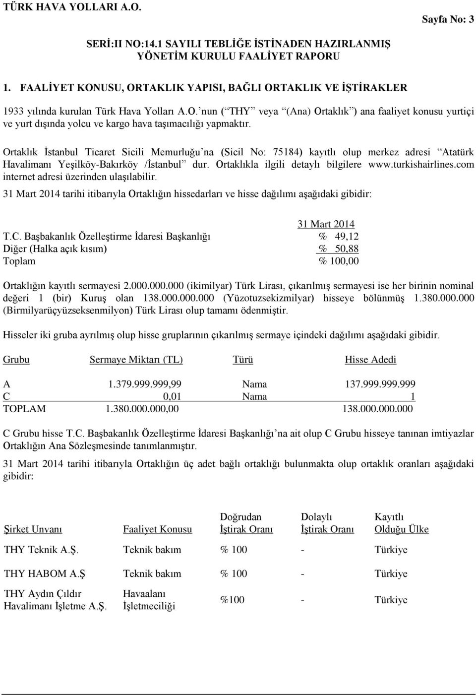 com internet adresi üzerinden ulaşılabilir. 31 Mart 2014 tarihi itibarıyla Ortaklığın hissedarları ve hisse dağılımı aşağıdaki gibidir: 31 Mart 2014 T.C.