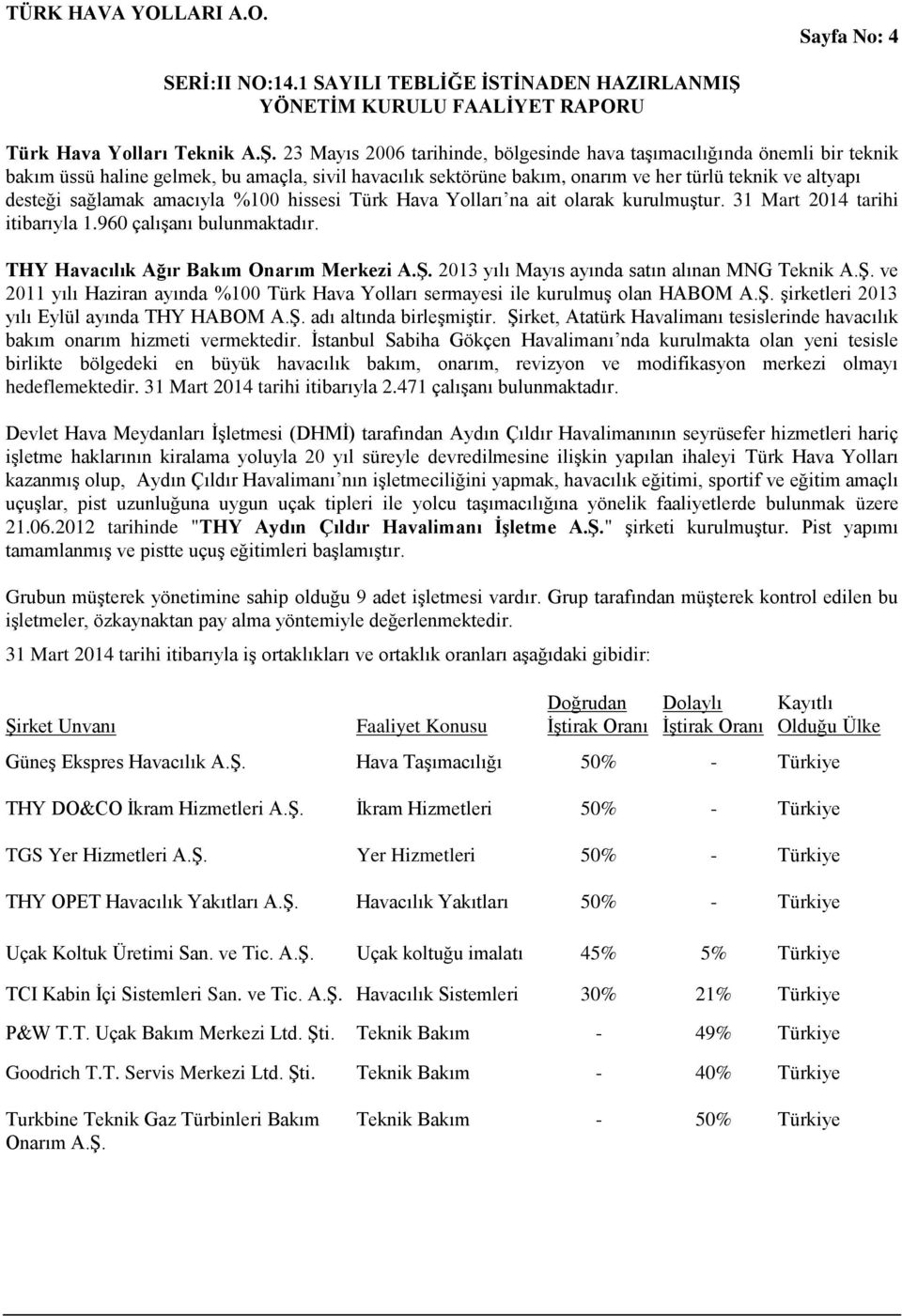 amacıyla %100 hissesi Türk Hava Yolları na ait olarak kurulmuştur. 31 Mart 2014 tarihi itibarıyla 1.960 çalışanı bulunmaktadır. THY Havacılık Ağır Bakım Onarım Merkezi A.Ş.