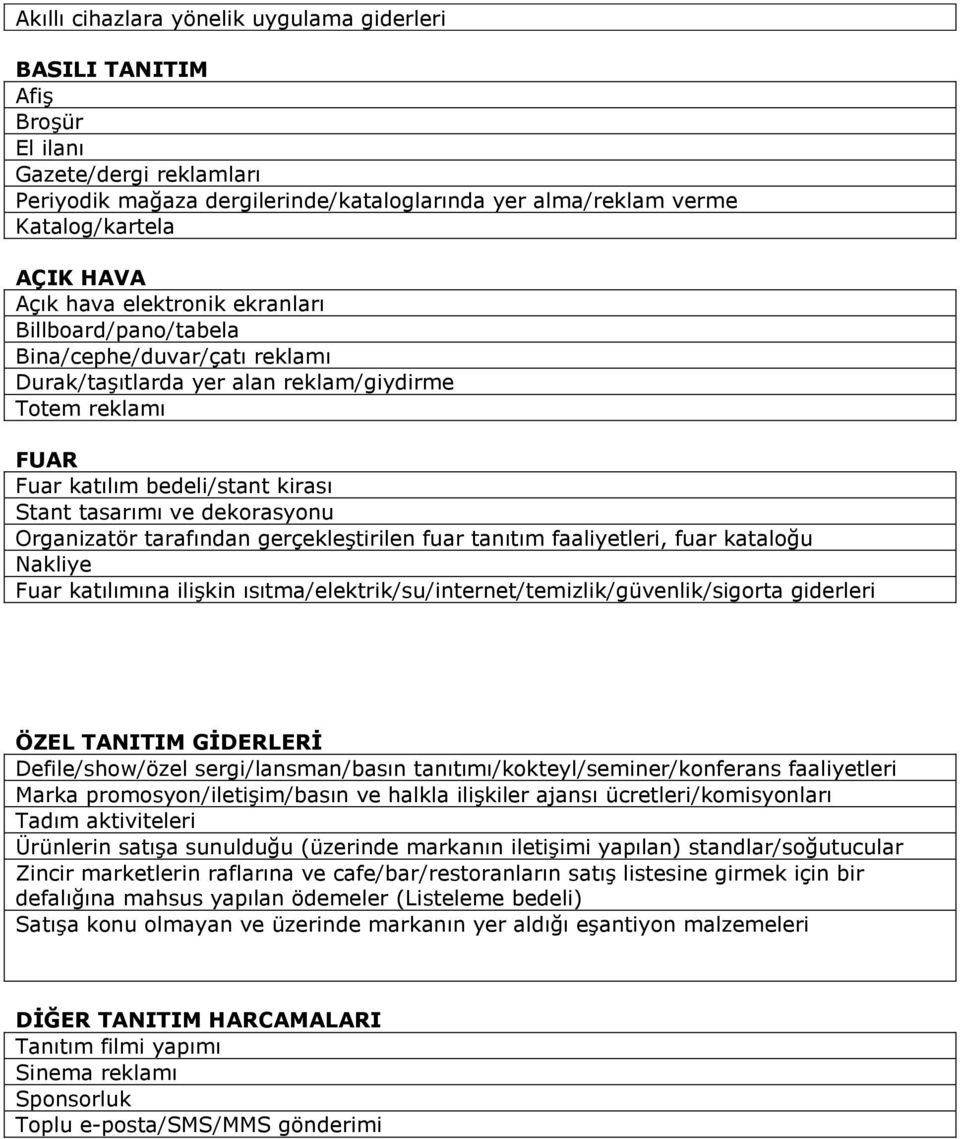 dekorasyonu Organizatör tarafından gerçekleştirilen fuar tanıtım faaliyetleri, fuar kataloğu Nakliye Fuar katılımına ilişkin ısıtma/elektrik/su/internet/temizlik/güvenlik/sigorta giderleri ÖZEL