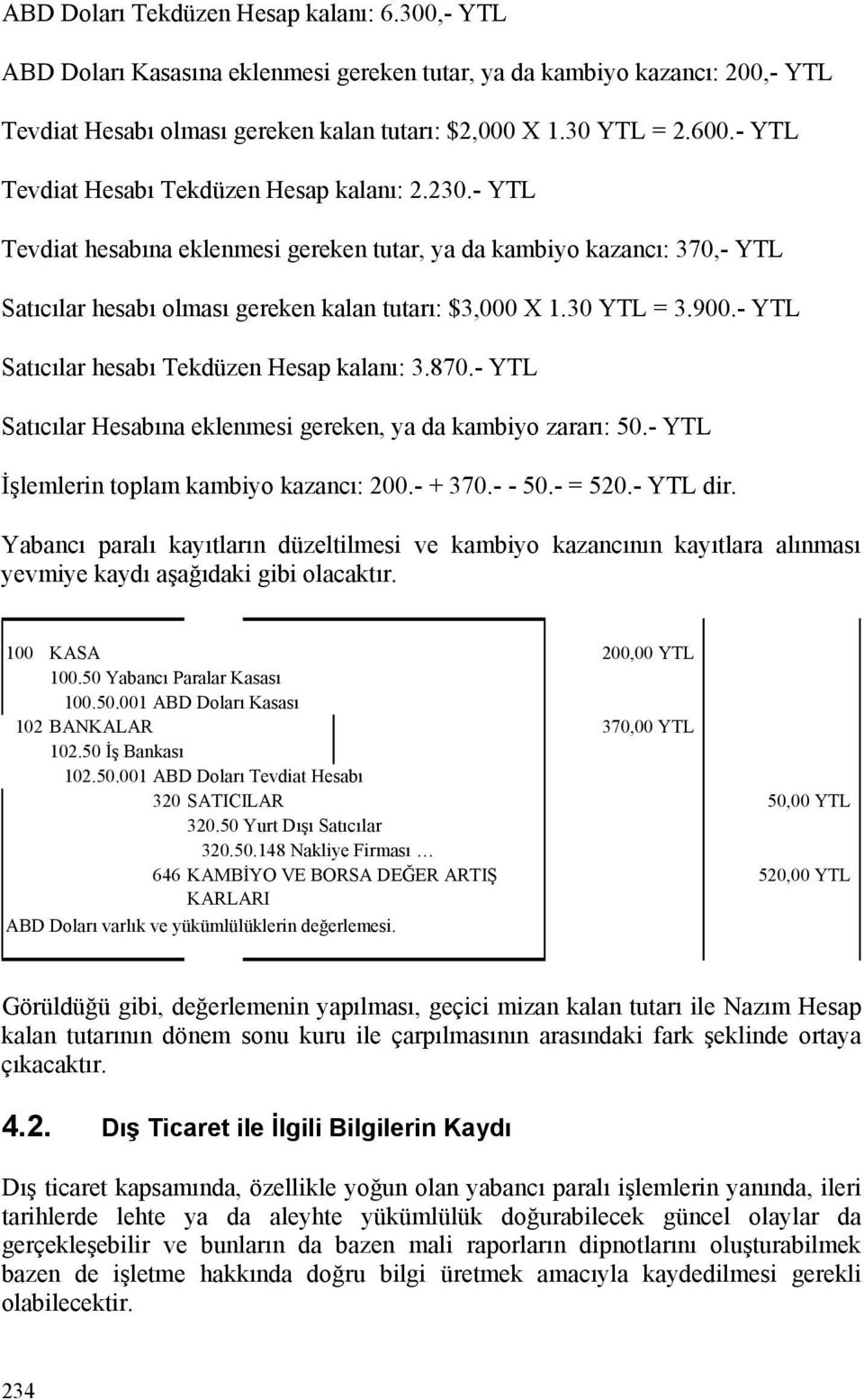 900.- YTL Satıcılar hesabı Tekdüzen Hesap kalanı: 3.870.- YTL Satıcılar Hesabına eklenmesi gereken, ya da kambiyo zararı: 50.- YTL İşlemlerin toplam kambiyo kazancı: 200.- + 370.- - 50.- = 520.