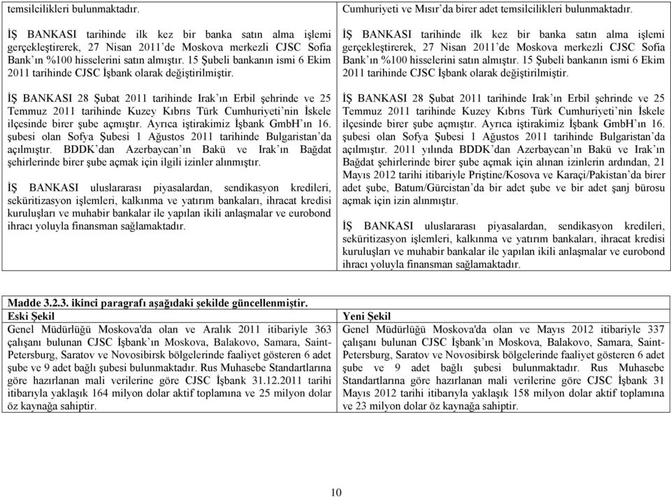 İŞ BANKASI 28 Şubat 2011 tarihinde Irak ın Erbil şehrinde ve 25 Temmuz 2011 tarihinde Kuzey Kıbrıs Türk Cumhuriyeti nin İskele ilçesinde birer şube açmıştır. Ayrıca iştirakimiz İşbank GmbH ın 16.