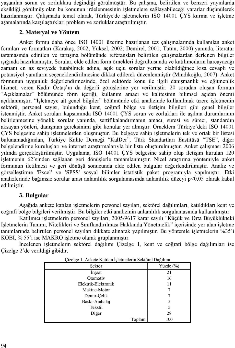 Çalışmada temel olarak, Türkiye'de işletmelerin ISO 14001 ÇYS kurma ve işletme aşamalarında karşılaştırkları problem ve zorluklar araştırılmıştır. 2.