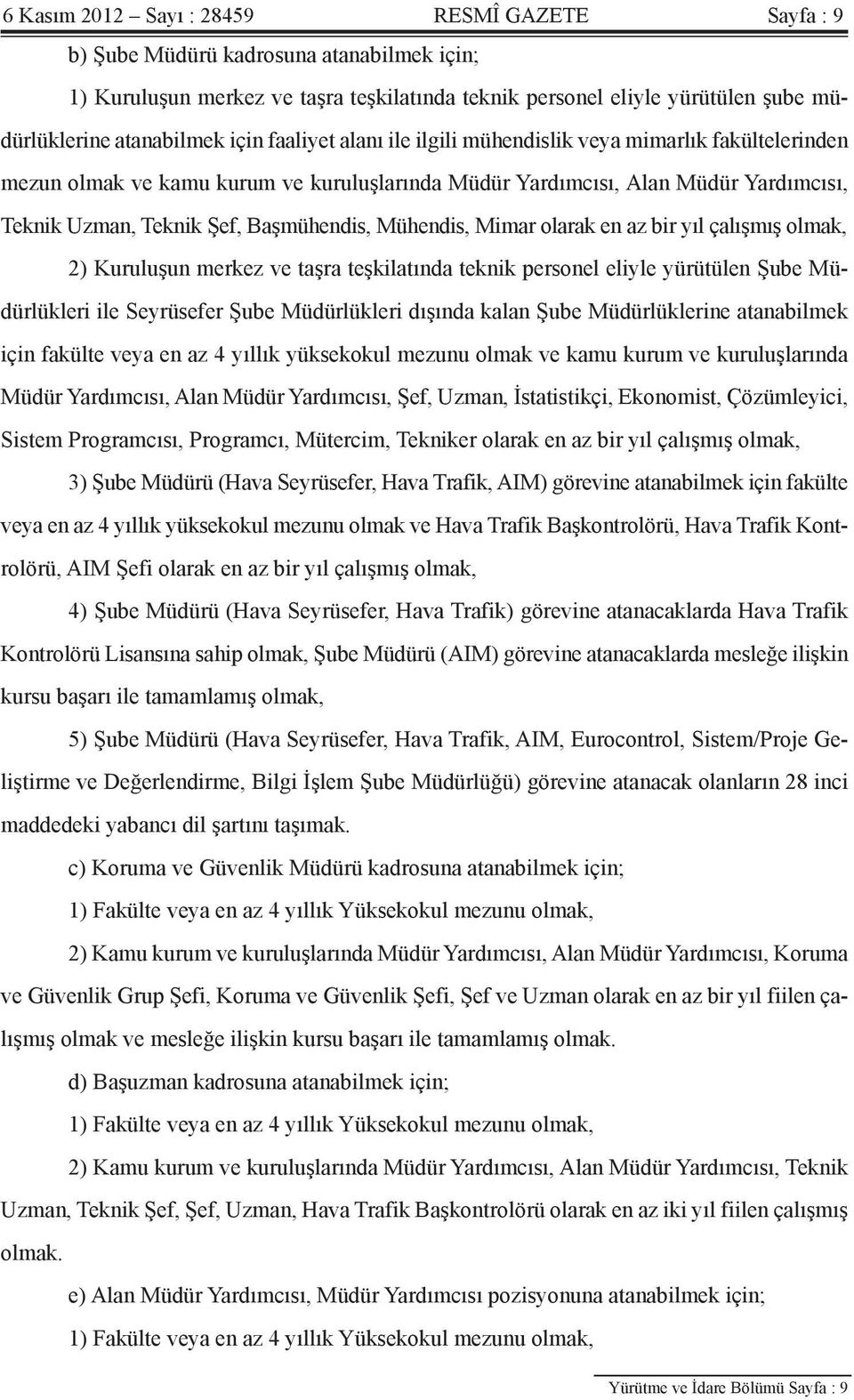 Mühendis, Mimar olarak en az bir yıl çalışmış olmak, 2) Kuruluşun merkez ve taşra teşkilatında teknik personel eliyle yürütülen Şube Müdürlükleri ile Seyrüsefer Şube Müdürlükleri dışında kalan Şube