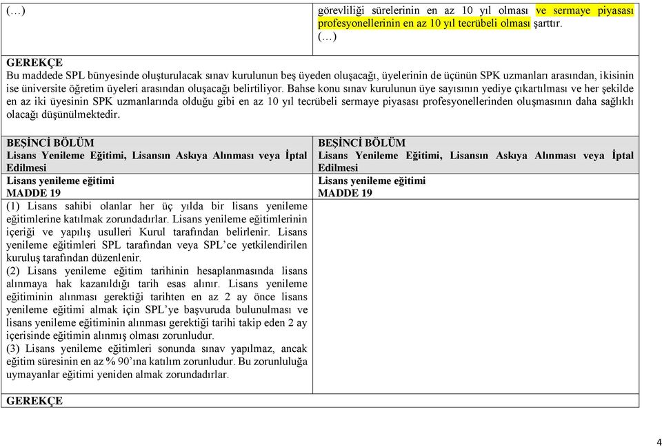 Bahse konu sınav kurulunun üye sayısının yediye çıkartılması ve her şekilde en az iki üyesinin SPK uzmanlarında olduğu gibi en az 10 yıl tecrübeli sermaye piyasası profesyonellerinden oluşmasının