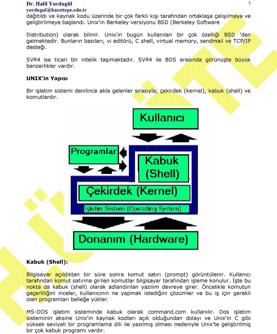 SVR4 ile BDS arasnda görünüte büyük benzerlikler vardr. UNIX'in Yaps Bir iletim sistemi denilince akla gelenler srasyla; çekirdek (kernel), kabuk (shell) ve komutlardr.