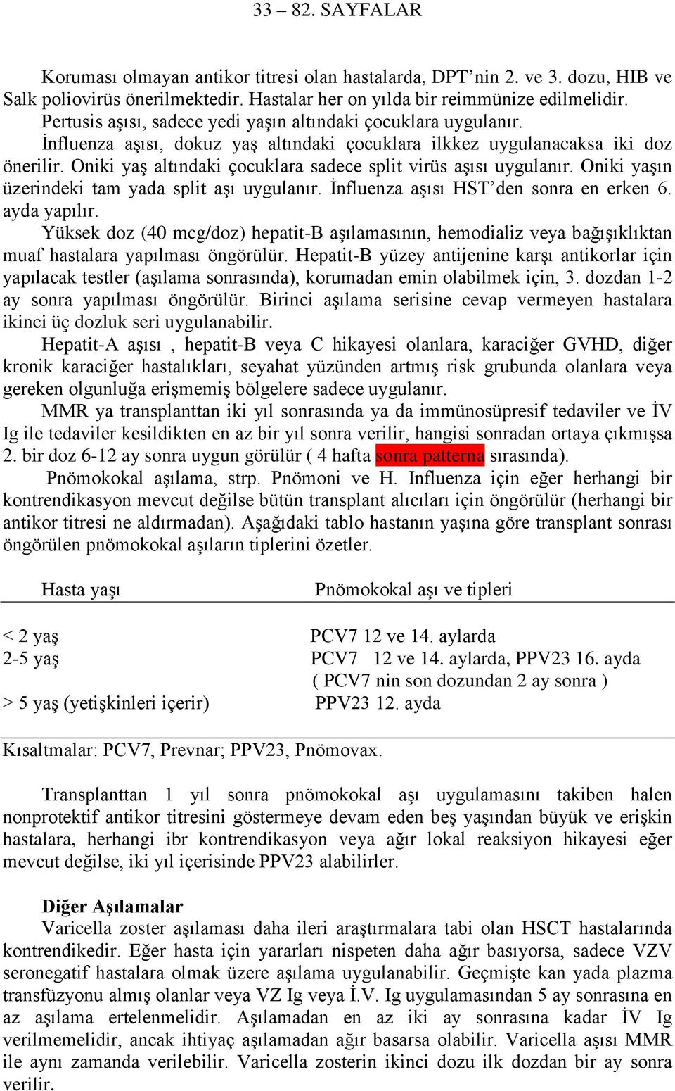 Oniki yaş altındaki çocuklara sadece split virüs aşısı uygulanır. Oniki yaşın üzerindeki tam yada split aşı uygulanır. İnfluenza aşısı HST den sonra en erken 6. ayda yapılır.