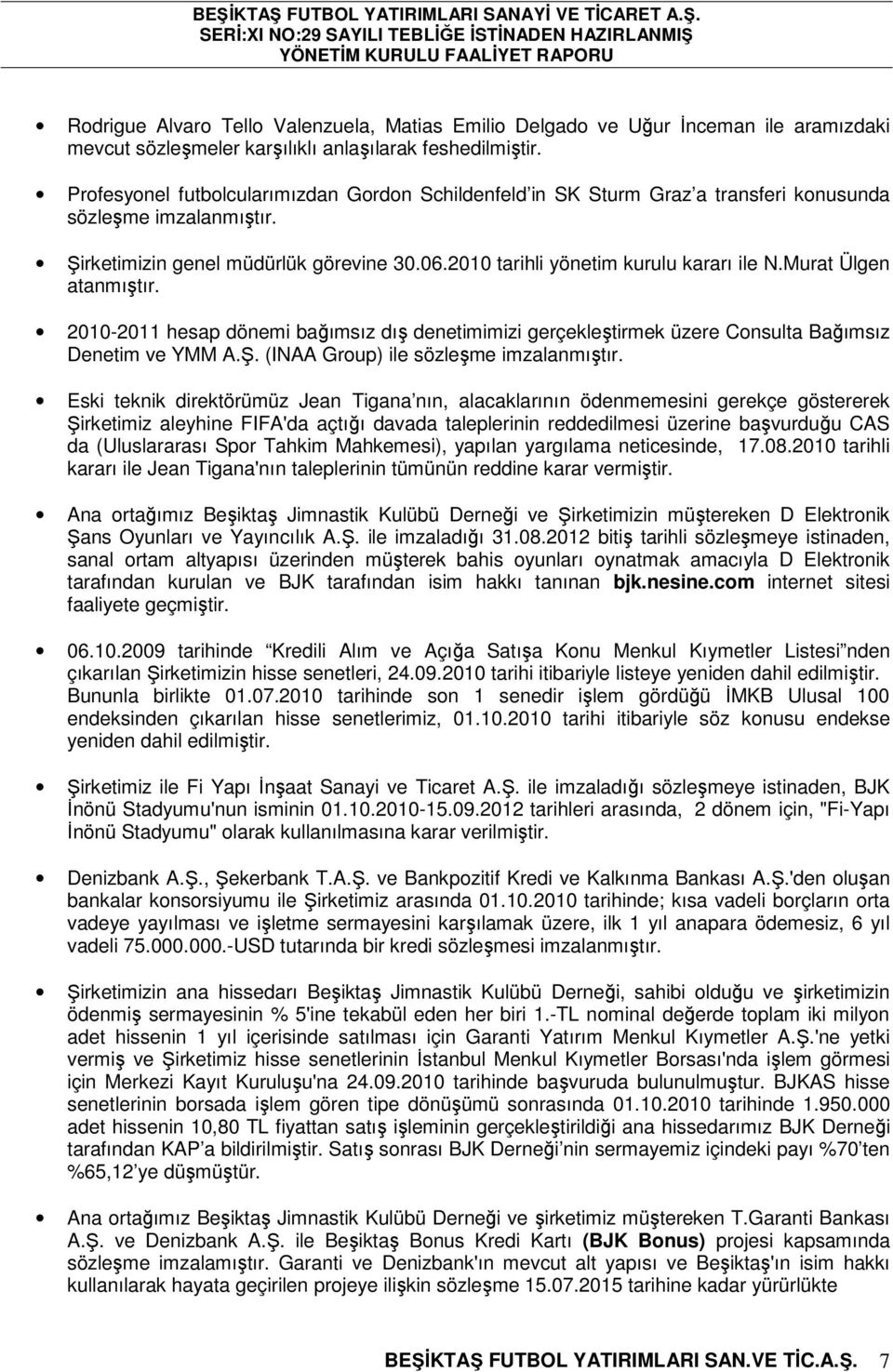 Murat Ülgen atanmıştır. 2010-2011 hesap dönemi bağımsız dış denetimimizi gerçekleştirmek üzere Consulta Bağımsız Denetim ve YMM A.Ş. (INAA Group) ile sözleşme imzalanmıştır.