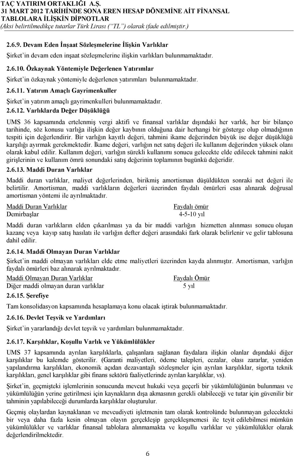 Yatırım Amaçlı Gayrimenkuller Şirket in yatırım amaçlı gayrimenkulleri bulunmamaktadır. 2.6.12.