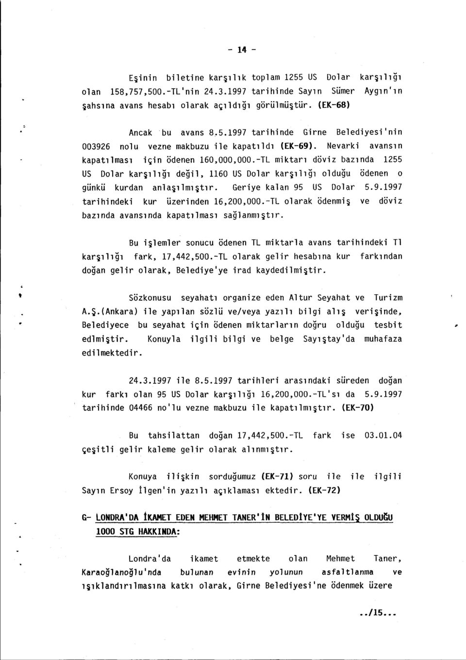 -TL miktarı döviz bazında 1255 US Dolar kar~ı1ığı değil, 1160 US Dolar karşılığı olduğu ödenen o günkü kurdan anlaşılmıştır. Geriye kalan 95 US Dolar 5.9.1997 tarihindeki kur üzerinden 16,200,000.