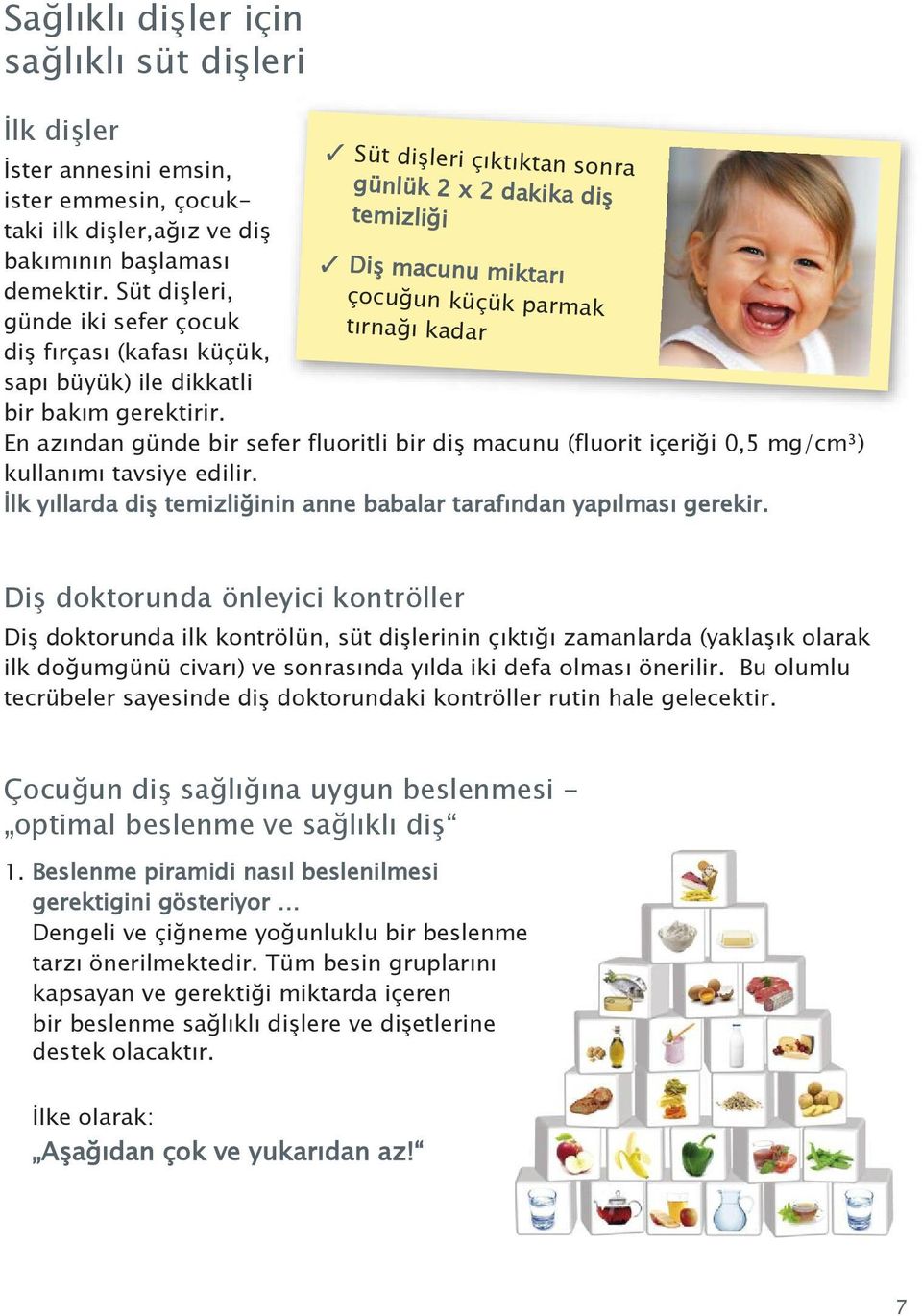 En azından günde bir sefer fluoritli bir diş macunu (fluorit içeriği 0,5 mg/cm³) kullanımı tavsiye edilir. İlk yıllarda diş temizliğinin anne babalar tarafından yapılması gerekir.