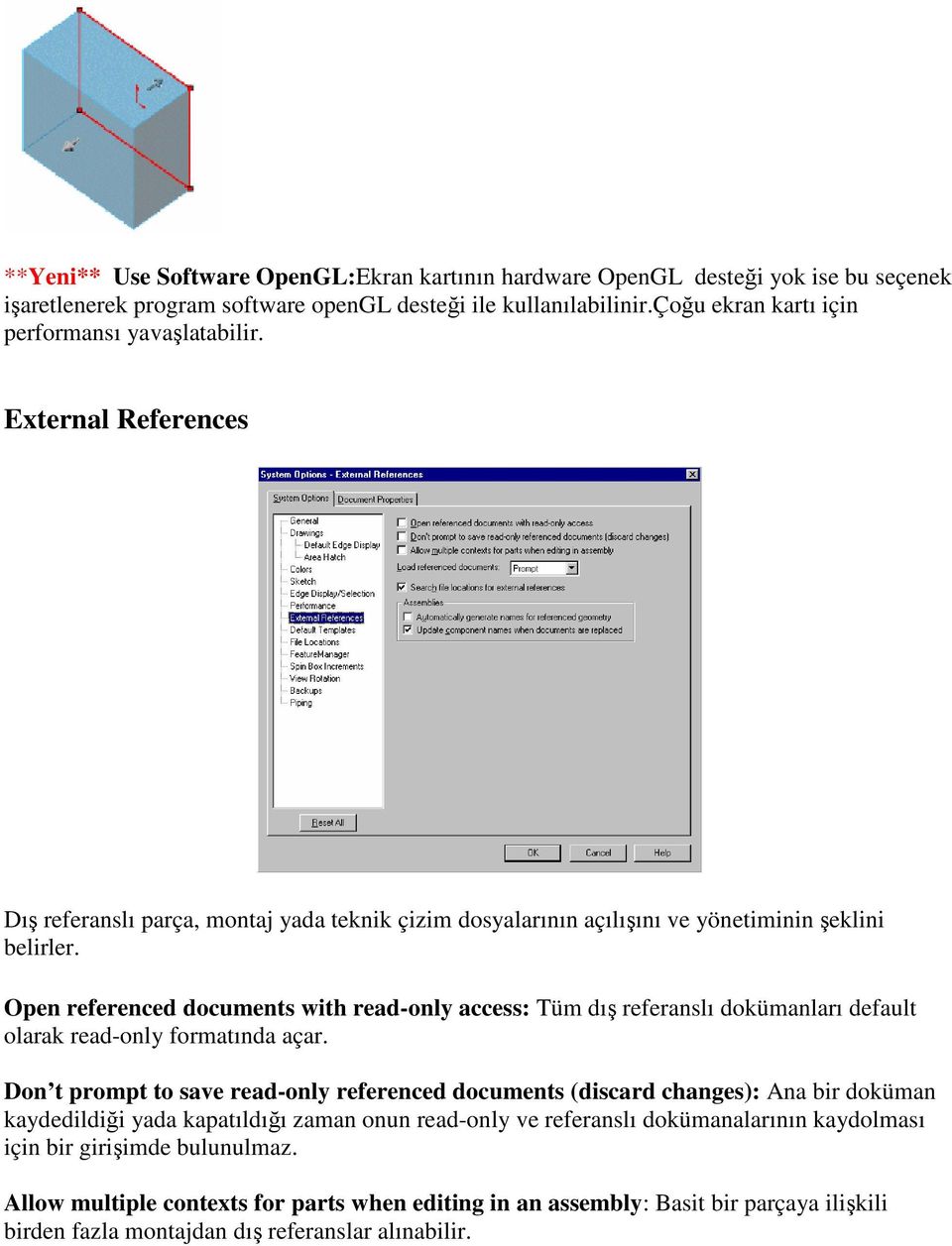 Open referenced documents with read-only access: Tüm dış referanslı dokümanları default olarak read-only formatında açar.