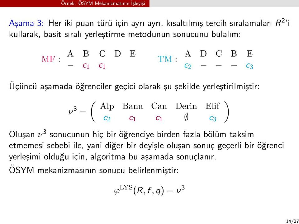 yerleştirilmiştir: ( ) ν 3 Alp Banu Can Derin Elif = c 2 c 1 c 1 c 3 Oluşan ν 3 sonucunun hiç bir öğrenciye birden fazla bölüm taksim etmemesi sebebi