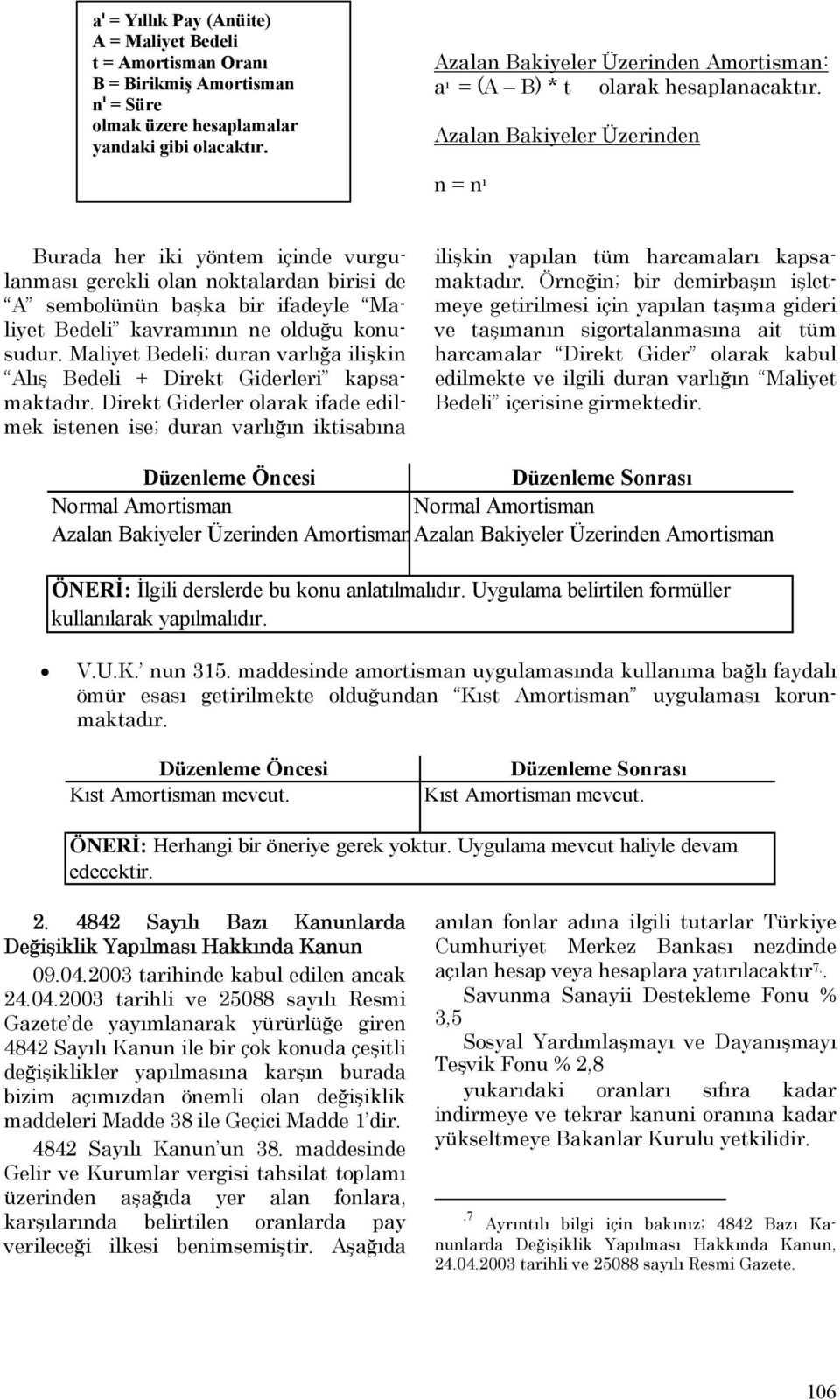 Azalan Bakiyeler Üzerinden n = n ı Burada her iki yöntem içinde vurgulanması gerekli olan noktalardan birisi de A sembolünün başka bir ifadeyle Maliyet Bedeli kavramının ne olduğu konusudur.