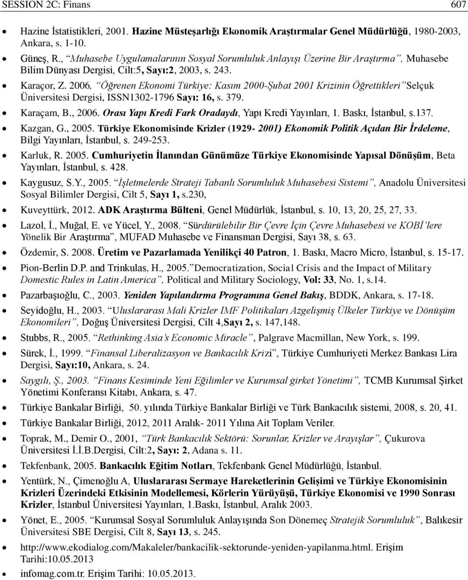 2006, Öğrenen Ekonomi Türkiye: Kasım 2000-Şubat 2001 Krizinin Öğrettikleri Selçuk Üniversitesi Dergisi, ISSN1302-1796 Sayı: 16, s. 379. Karaçam, B., 2006.