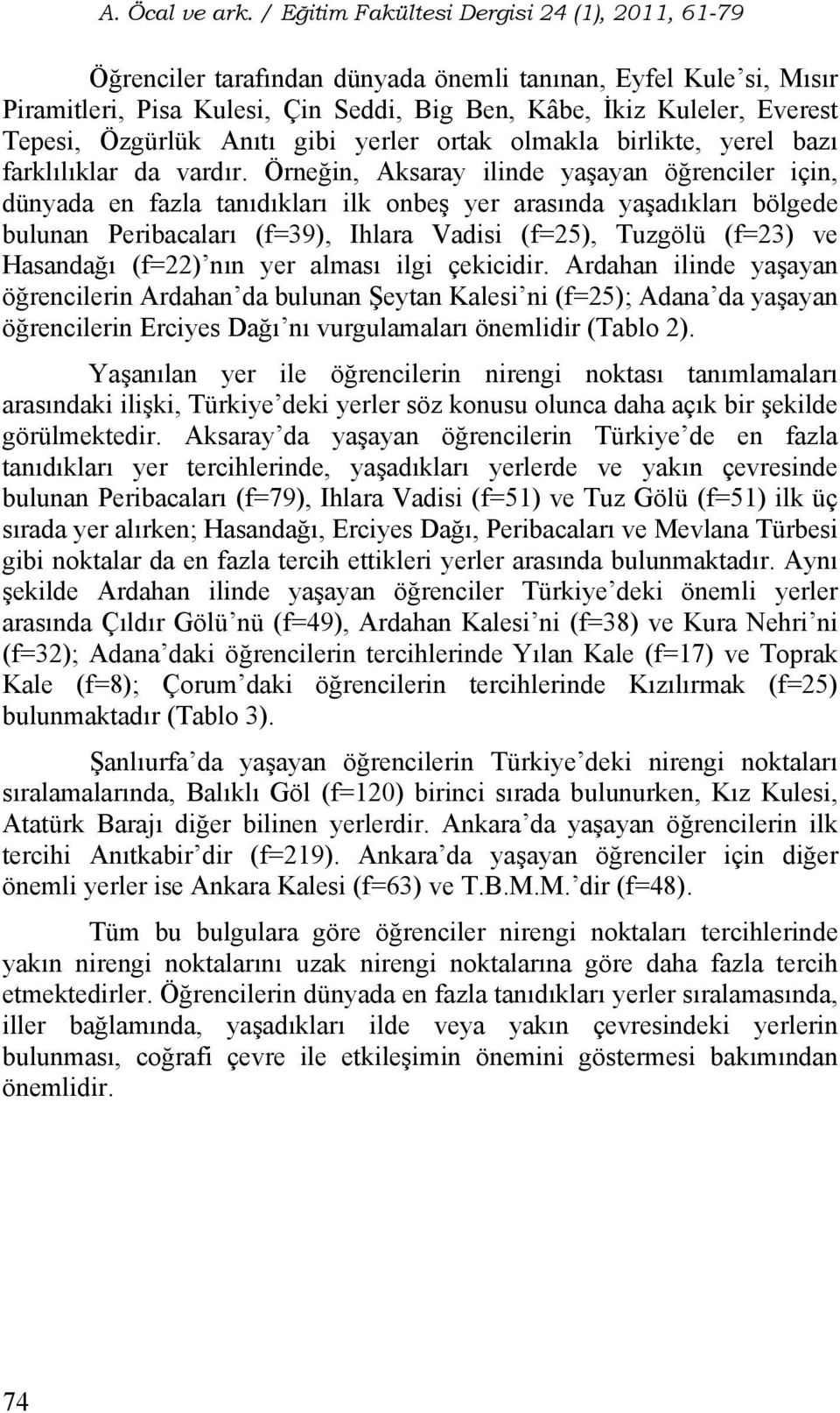 Örneğin, Aksaray ilinde yaşayan öğrenciler için, dünyada en fazla tanıdıkları ilk onbeş yer arasında yaşadıkları bölgede bulunan Peribacaları (f=39), Ihlara Vadisi (f=25), Tuzgölü (f=23) ve Hasandağı