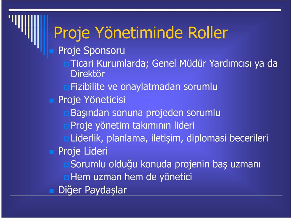 sorumlu Proje yönetim takımının lideri Liderlik, planlama, iletişim, diplomasi becerileri