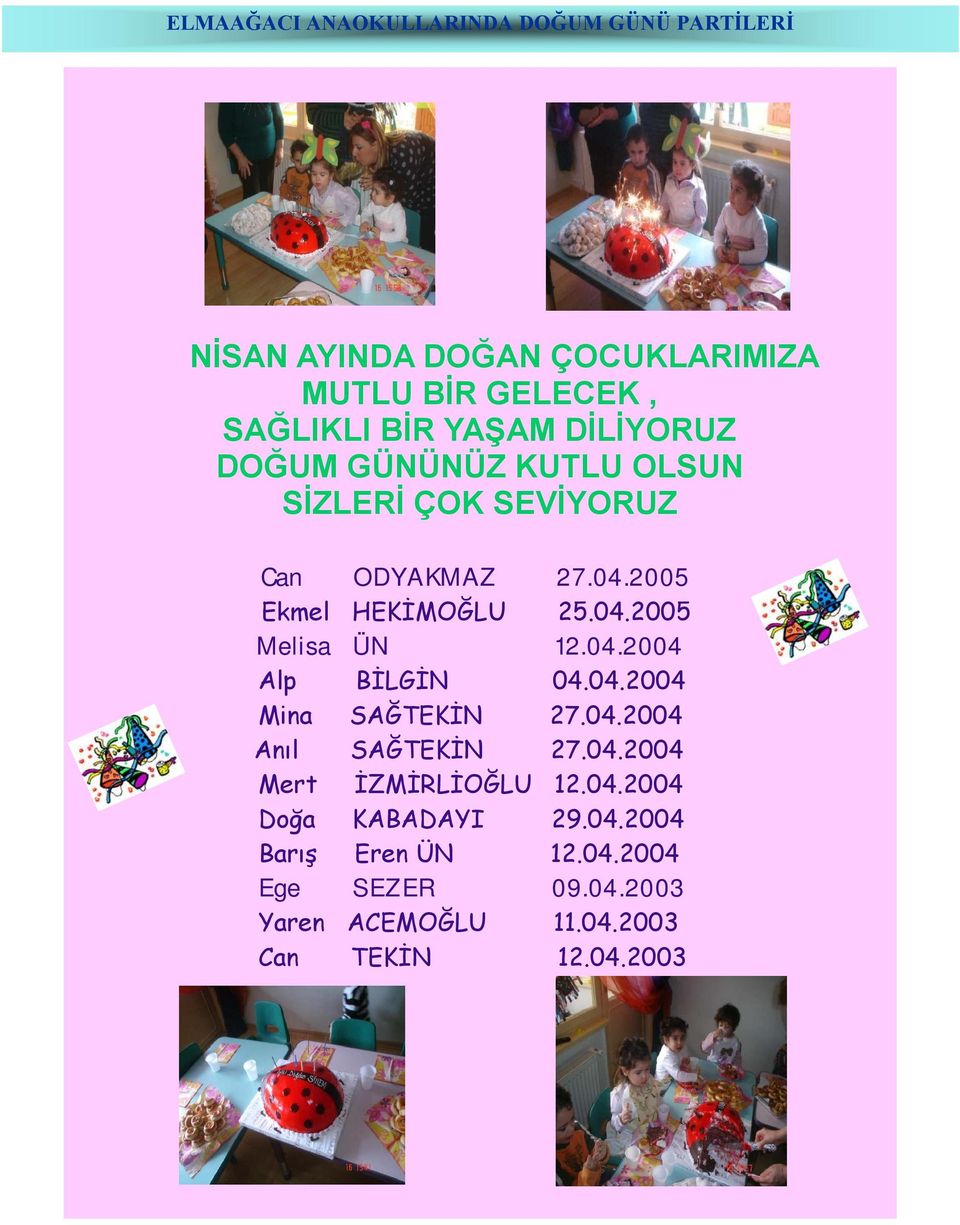 04.2004 Alp BİLGİN 04.04.2004 Mina SAĞTEKİN 27.04.2004 Anıl SAĞTEKİN 27.04.2004 Mert İZMİRLİOĞLU 12.04.2004 Doğa KABADAYI 29.