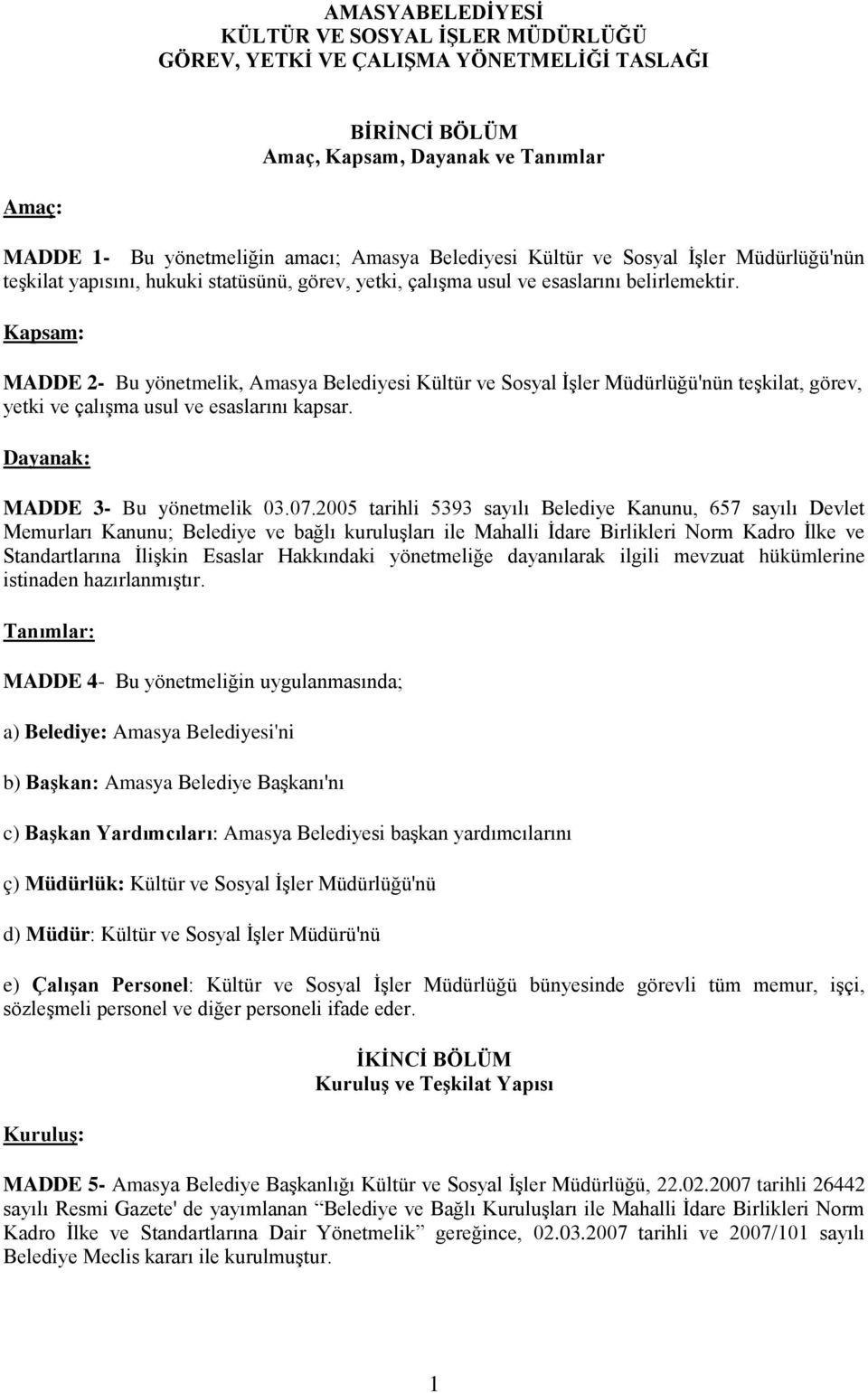 Kapsam: MADDE 2- Bu yönetmelik, Amasya Belediyesi Kültür ve Sosyal İşler Müdürlüğü'nün teşkilat, görev, yetki ve çalışma usul ve esaslarını kapsar. Dayanak: MADDE 3- Bu yönetmelik 03.07.