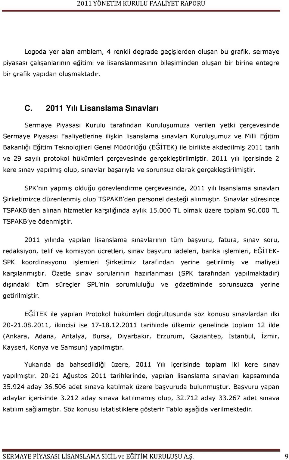 2011 Yılı Lisanslama Sınavları Sermaye Piyasası Kurulu tarafından Kuruluşumuza verilen yetki çerçevesinde Sermaye Piyasası Faaliyetlerine ilişkin lisanslama sınavları Kuruluşumuz ve Milli Eğitim