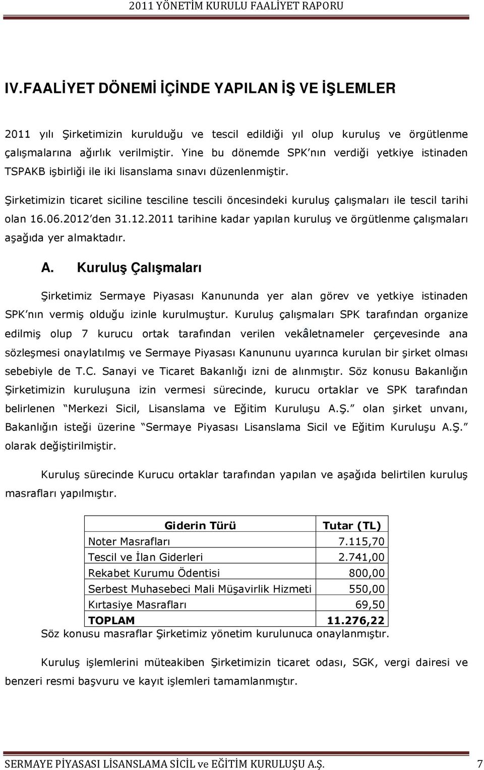 Şirketimizin ticaret siciline tesciline tescili öncesindeki kuruluş çalışmaları ile tescil tarihi olan 16.06.2012 den 31.12.2011 tarihine kadar yapılan kuruluş ve örgütlenme çalışmaları aşağıda yer almaktadır.