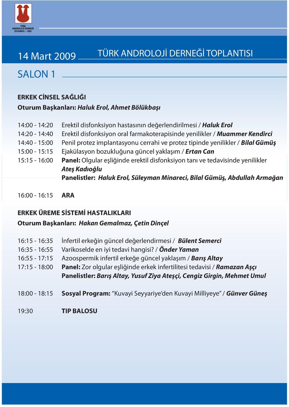 Ejakülasyon bozukluðuna güncel yaklaþým / Ertan Can 15:15-16:00 Panel: Olgular eþliðinde erektil disfonksiyon taný ve tedavisinde yenilikler Ateþ Kadýoðlu Panelistler: Haluk Erol, Süleyman Minareci,