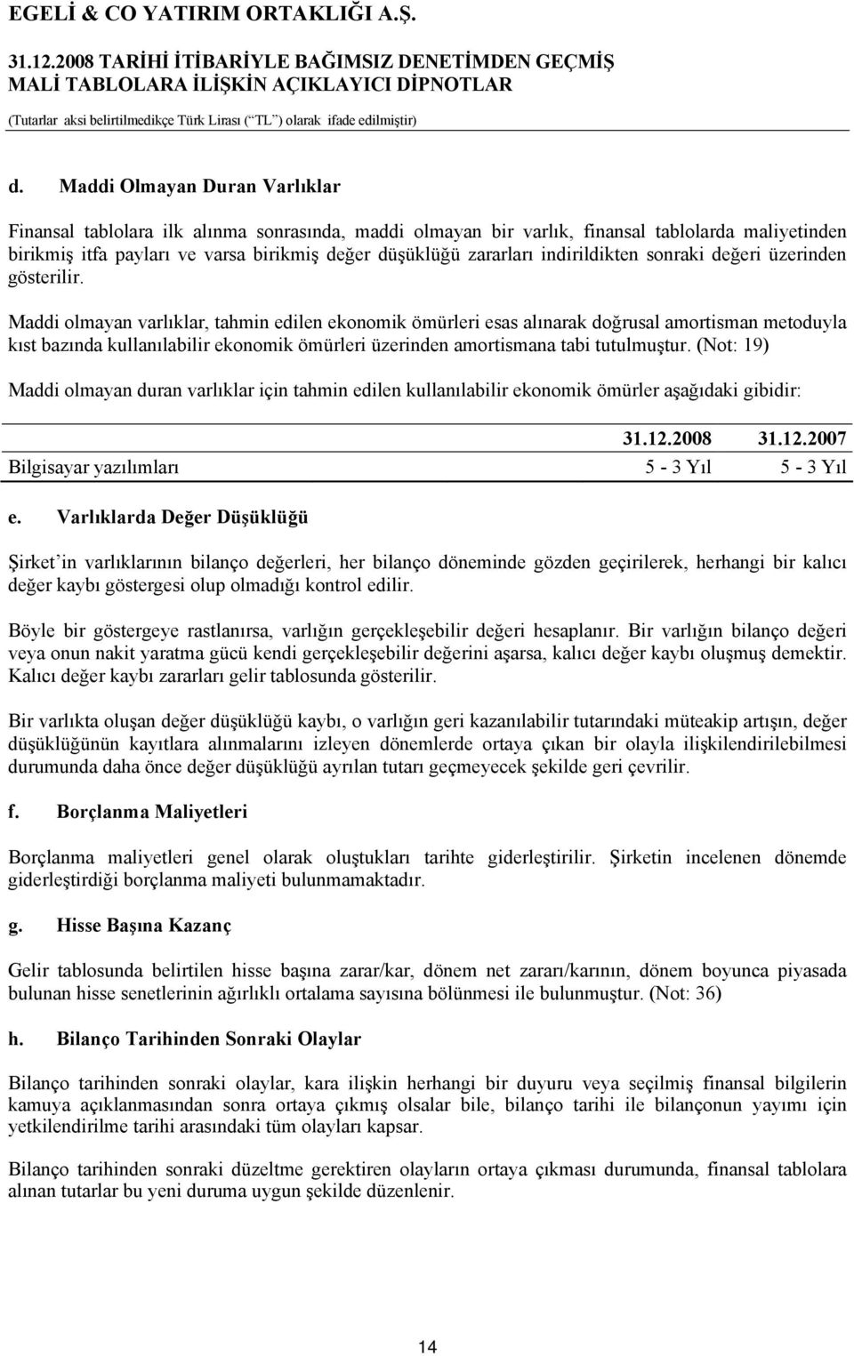 Maddi olmayan varlıklar, tahmin edilen ekonomik ömürleri esas alınarak doğrusal amortisman metoduyla kıst bazında kullanılabilir ekonomik ömürleri üzerinden amortismana tabi tutulmuştur.