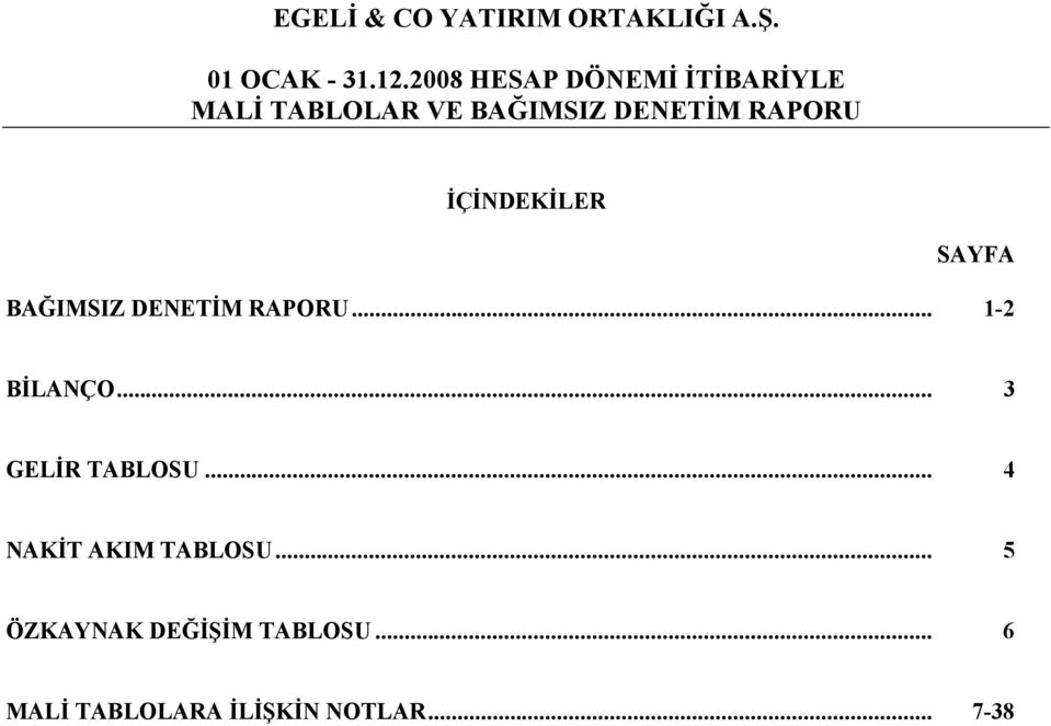 RAPORU İÇİNDEKİLER SAYFA BAĞIMSIZ DENETİM RAPORU... 1-2 BİLANÇO.