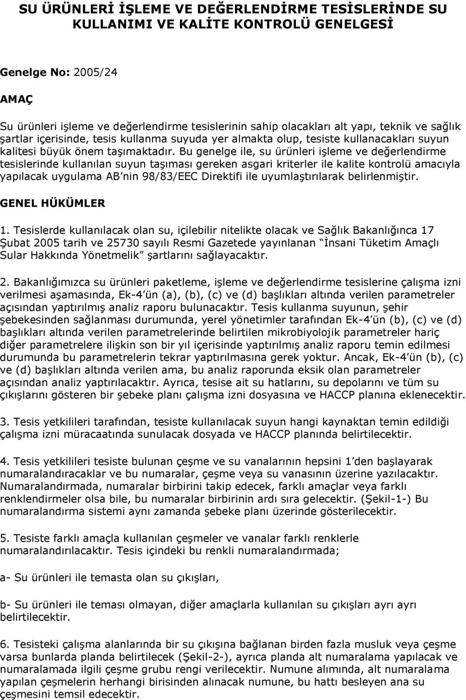 Bu genelge ile, su ürünleri işleme ve değerlendirme tesislerinde kullanılan suyun taşıması gereken asgari kriterler ile kalite kontrolü amacıyla yapılacak uygulama AB nin 98/83/EEC Direktifi ile