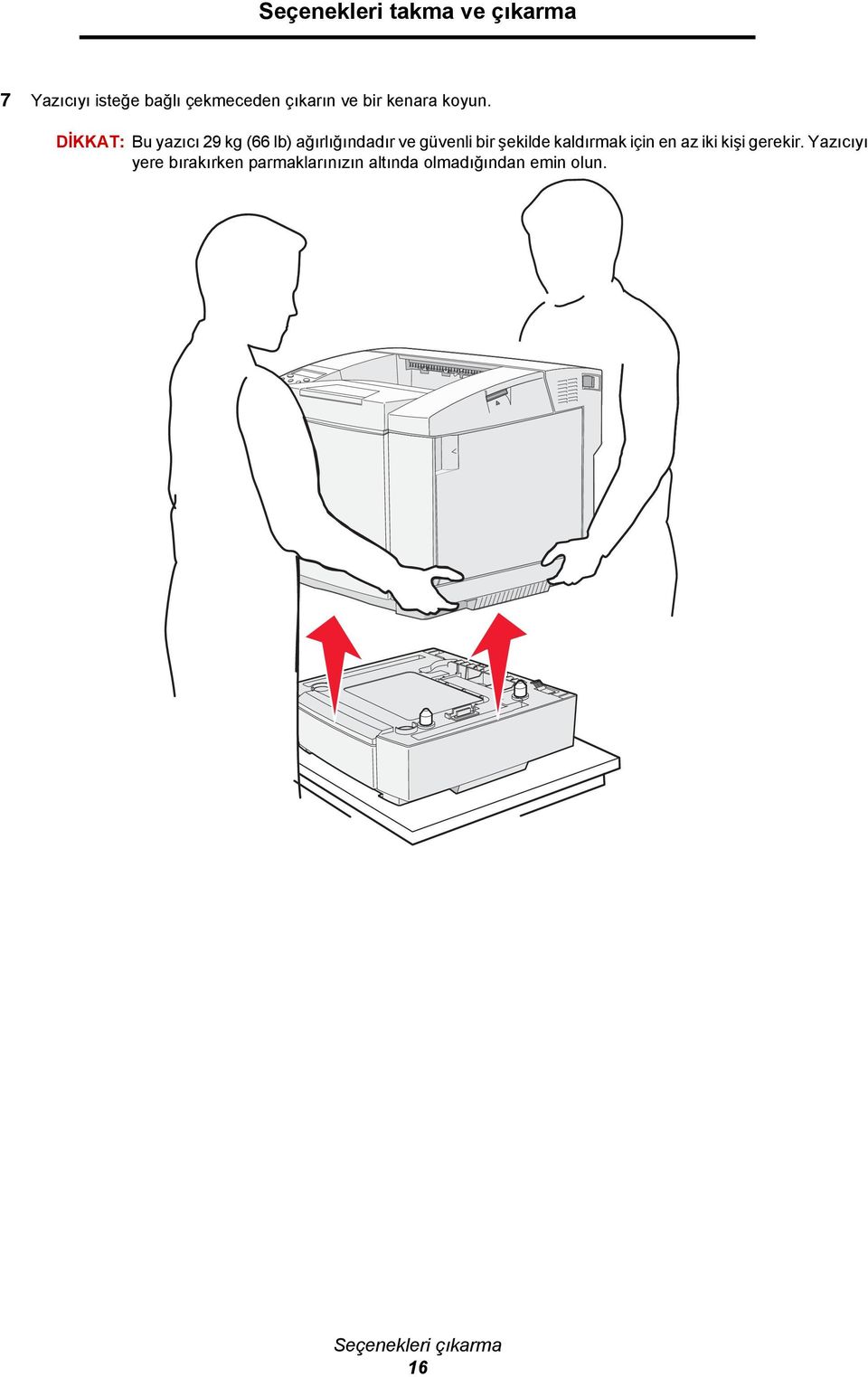 DİKKAT: Bu yazıcı 29 kg (66 lb) ağırlığındadır ve güvenli bir şekilde